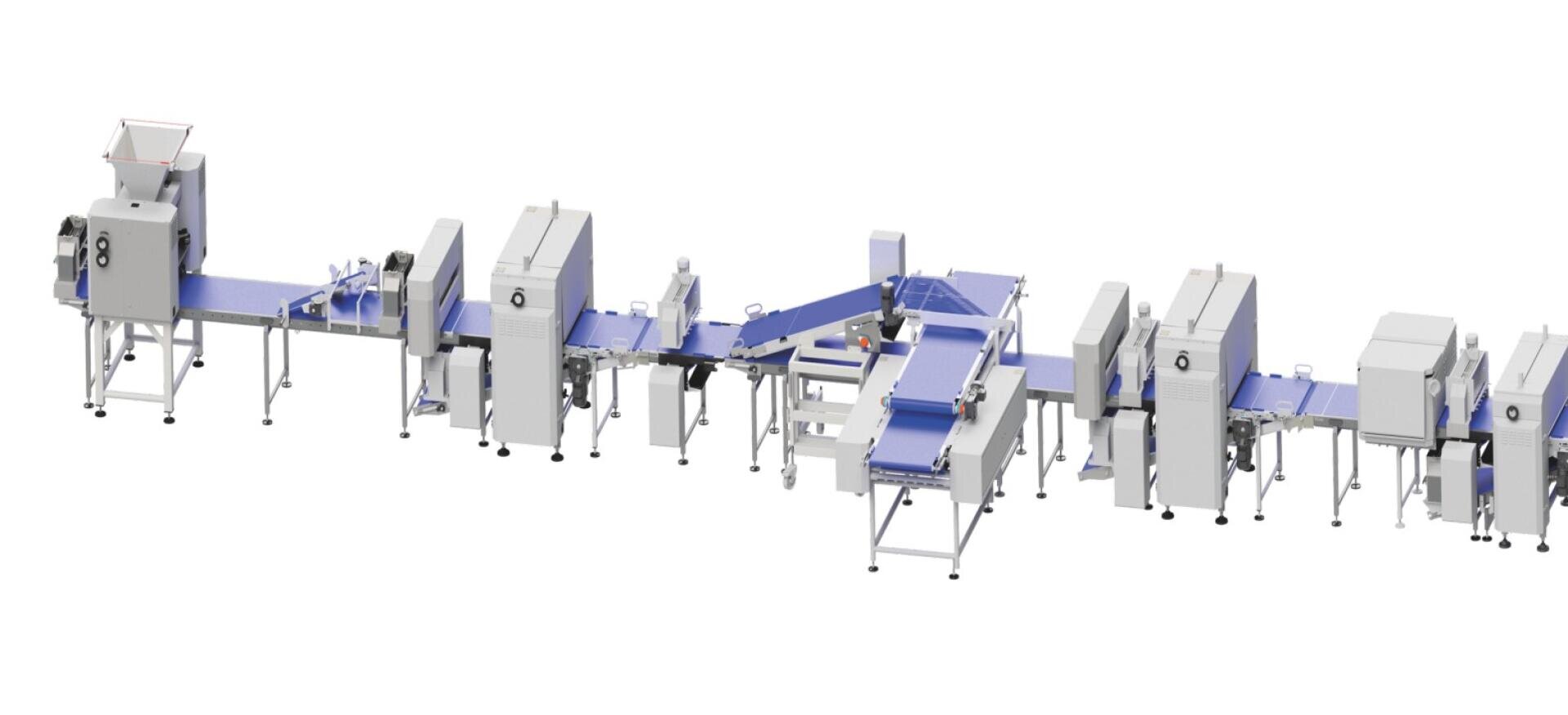 Automated industrial bakery production line with multiple interconnected machines and blue conveyor belts, designed for sequential processing and handling of bakery products.