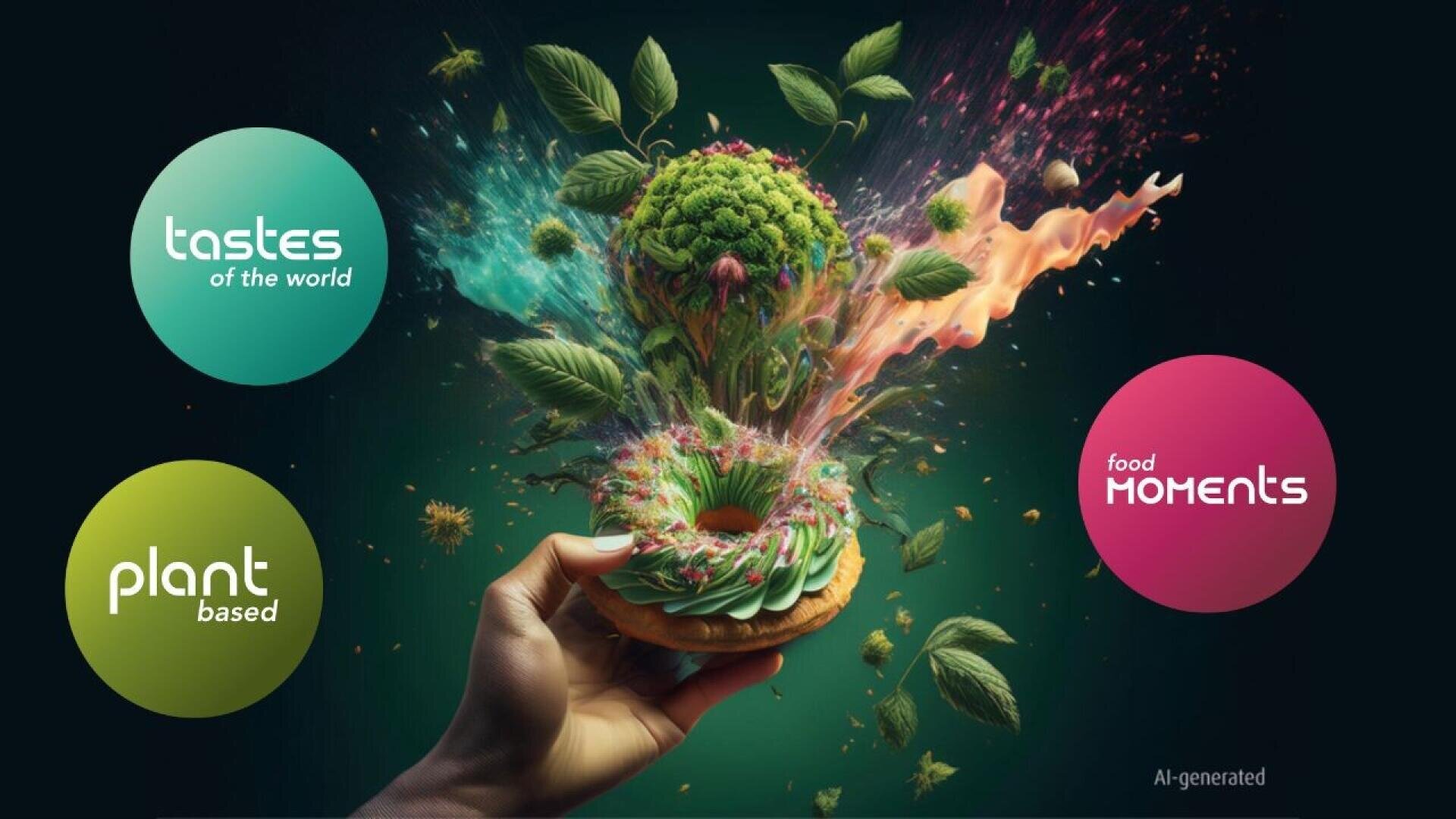 A hand holds a vibrant, plant-based donut bursting with colorful vegetables and leaves, surrounded by three circles labeled tastes of the world, plant based, and food moments. The image is AI-generated.