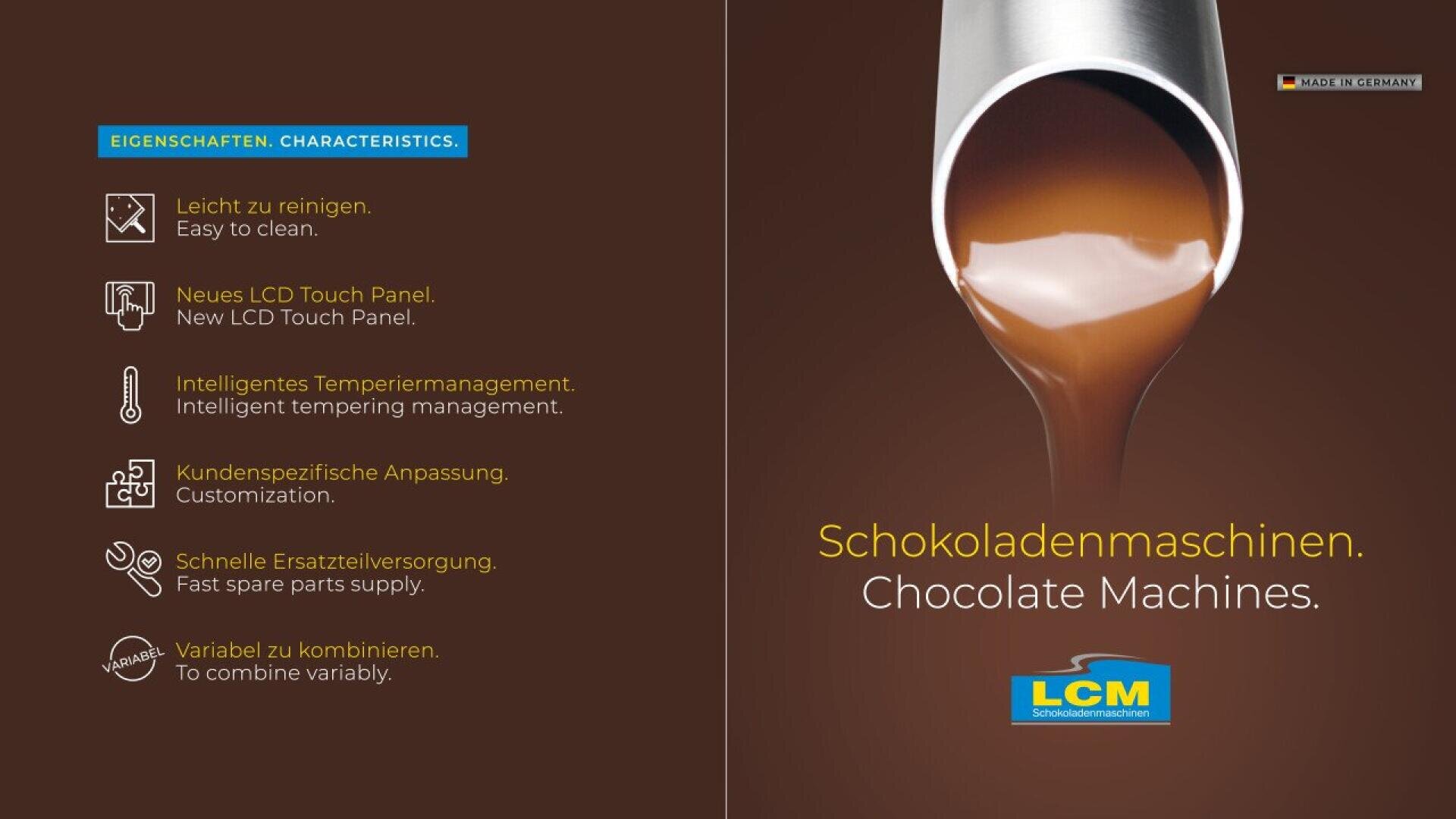 A stream of melted chocolate pours from a metal pipe on the right. On the left, features of the chocolate machine are listed in German and English, with icons and the LCM logo at the bottom.