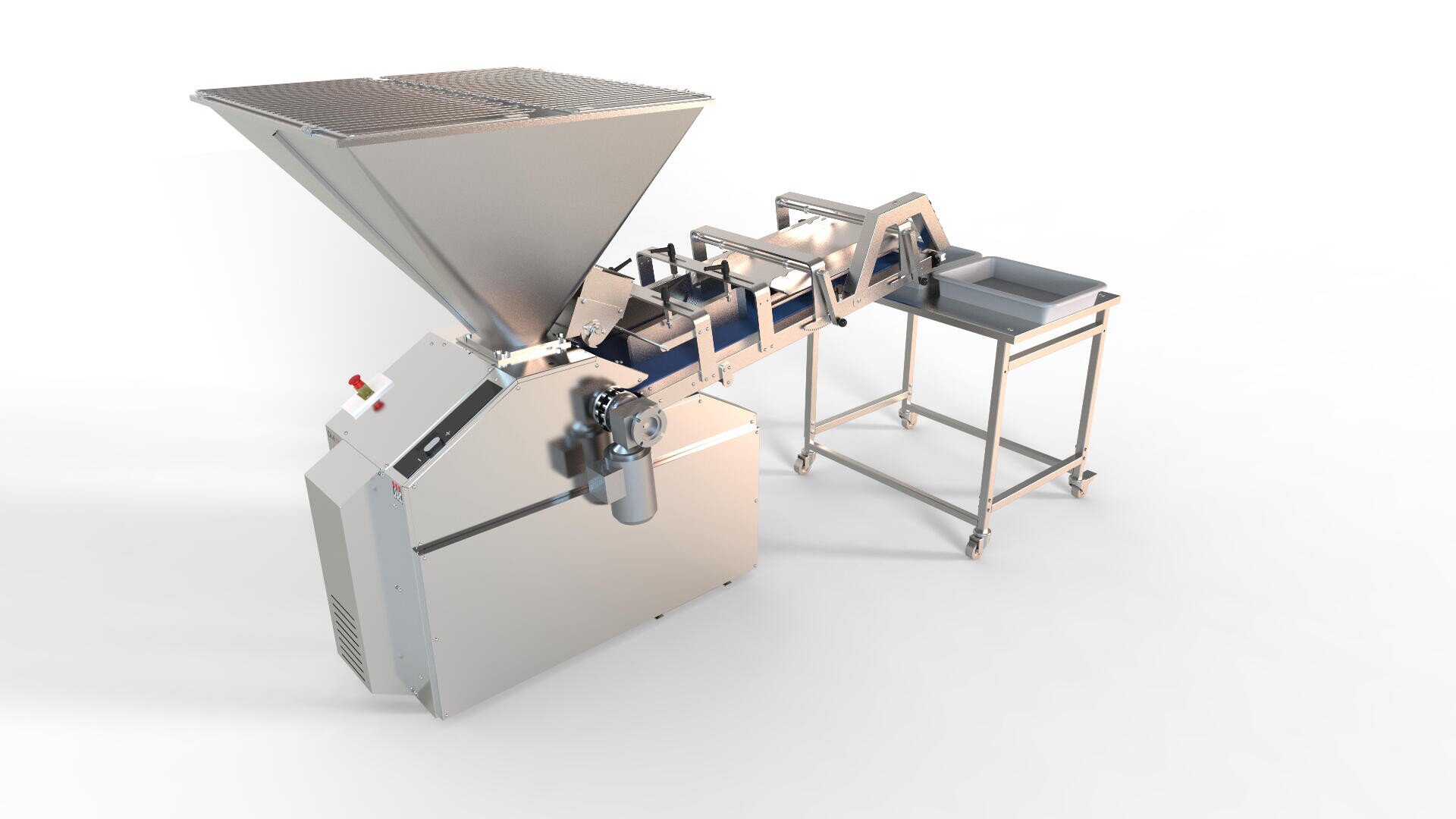 A large industrial food processing machine with a stainless steel hopper, conveyor system, and attached table on wheels, all set against a plain white background.