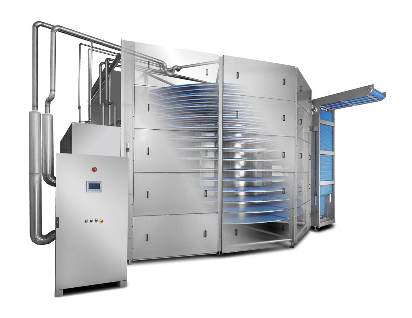 A large industrial food dehydrator with multiple stainless steel trays, control panel, and piping, shown on a white background.