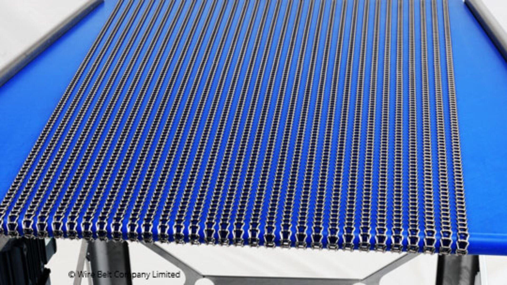 A close-up view of a blue industrial conveyor belt with a metal wire mesh surface, showing the detailed interlocking pattern of the wires.
