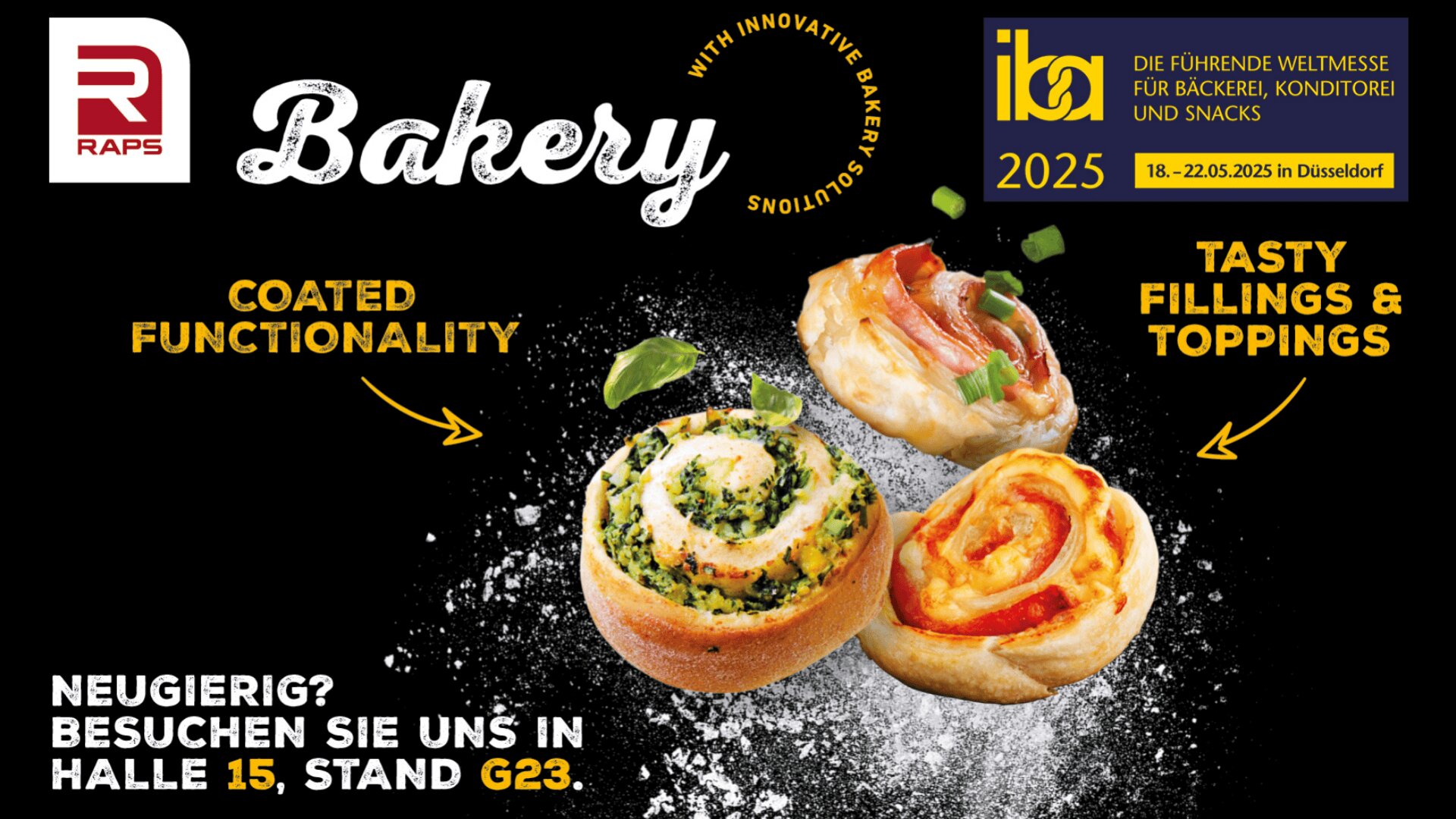 Drei runde Backwaren mit verschiedenen Belägen und Füllungen sind auf schwarzem Hintergrund abgebildet. Der Text bewirbt Bäckereilösungen für die iba 2025, eine Messe in Düsseldorf, deren Standdetails unten aufgeführt sind.