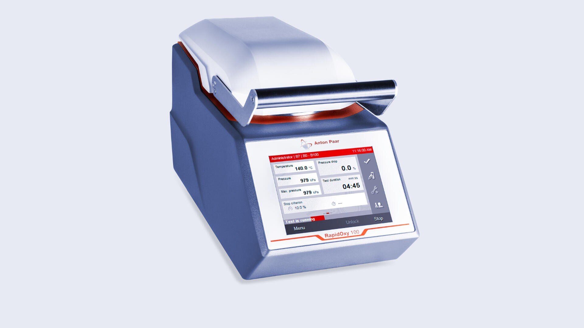 Ein Laborgerät mit einem digitalen Touchscreen-Display zur Anzeige von Messdaten, Tasten und Anzeigen. Das Gerät ist hauptsächlich blau und weiß mit roten Akzenten und einer Metallkomponente auf der Oberseite.