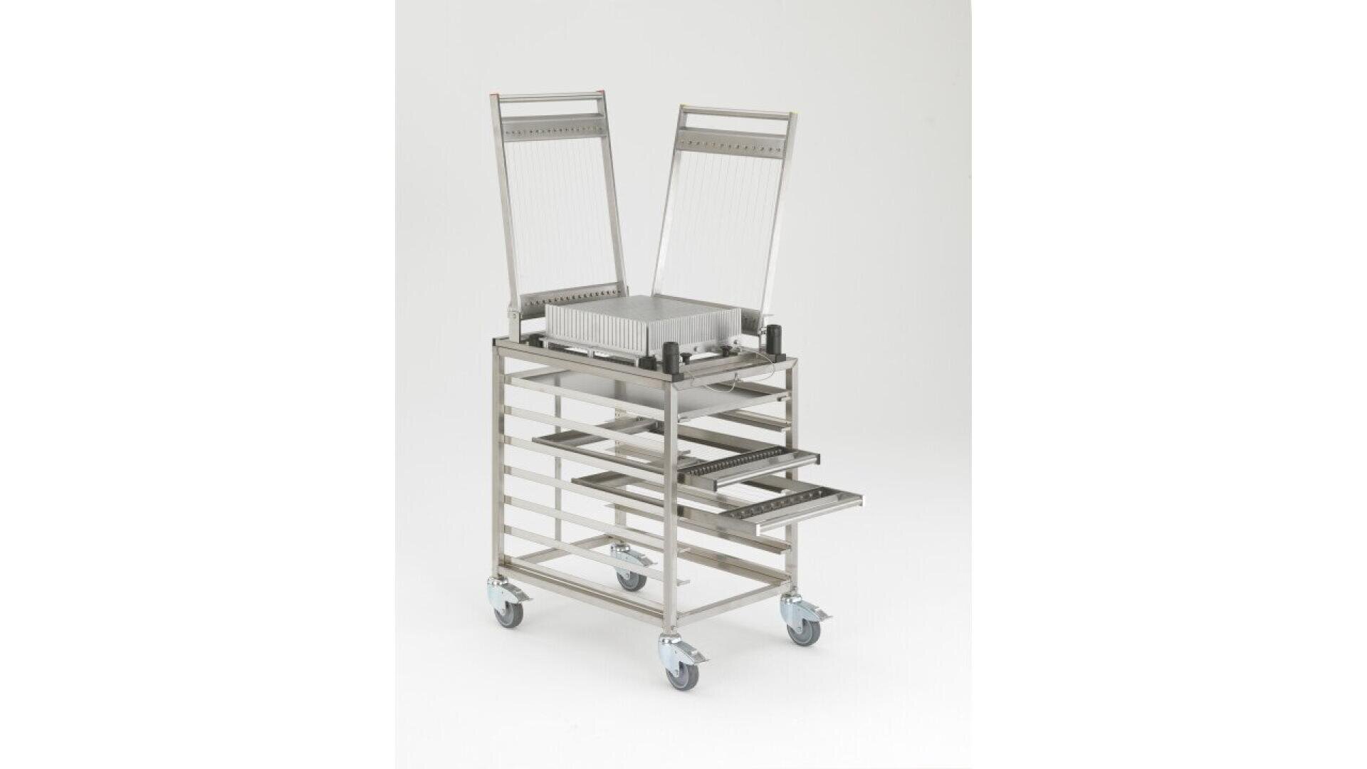A metal cart with four wheels, multiple horizontal slots, and two upright rectangular frames. Some trays are partially pulled out, showing the cart’s storage and organizational features. The background is plain white.