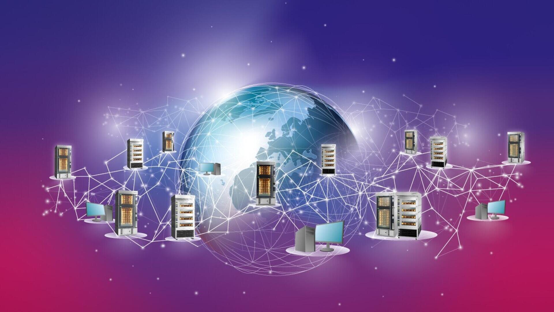 Digital illustration of a glowing globe surrounded by servers, computers, and network connections, representing global data networks or cloud computing, set against a purple and pink gradient background.
