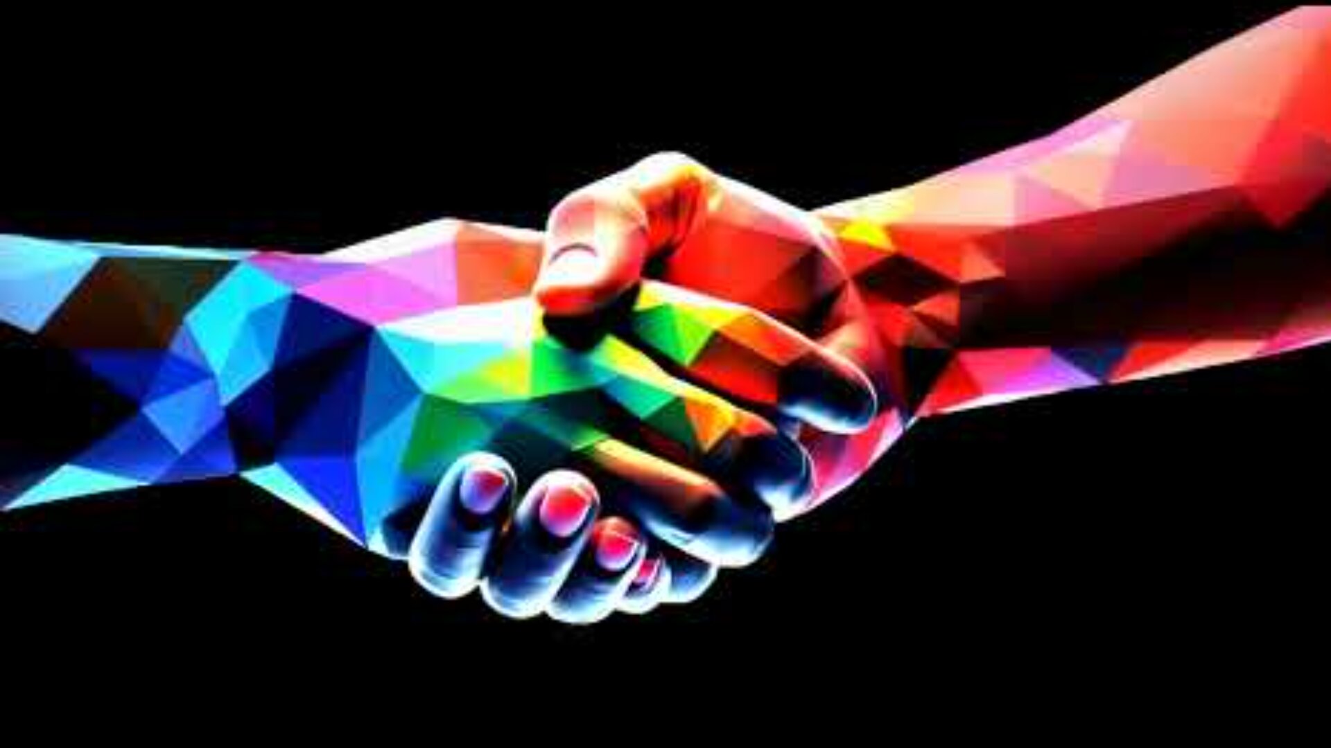 Two hands, illustrated with bright, multicolored geometric shapes, are shaking against a black background, symbolizing unity and cooperation.