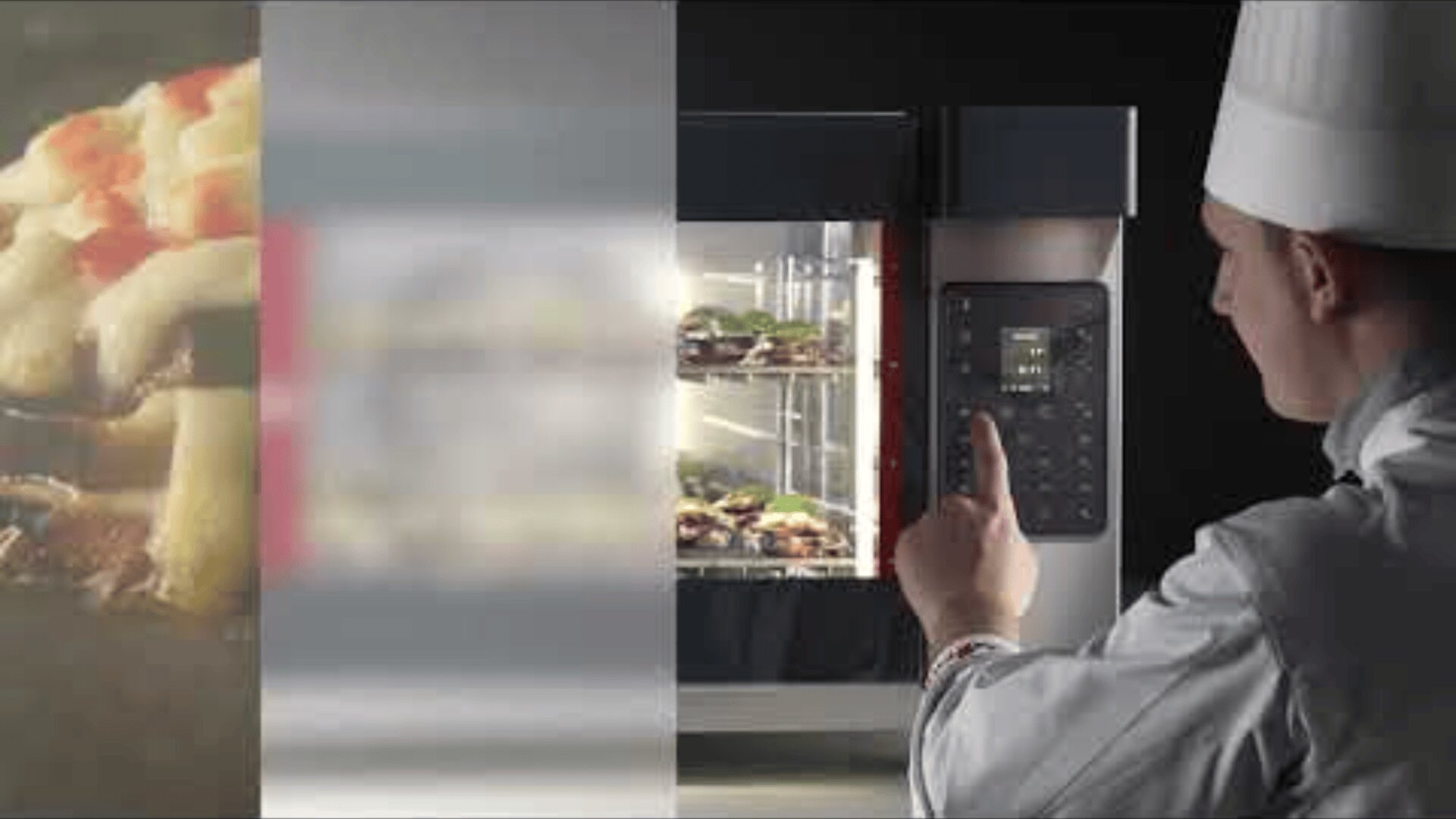 A chef in a white uniform and cap operates a digital control panel of a modern oven in which food is visibly being cooked. The left side of the picture is blurred and shows a blurred close-up of the food.