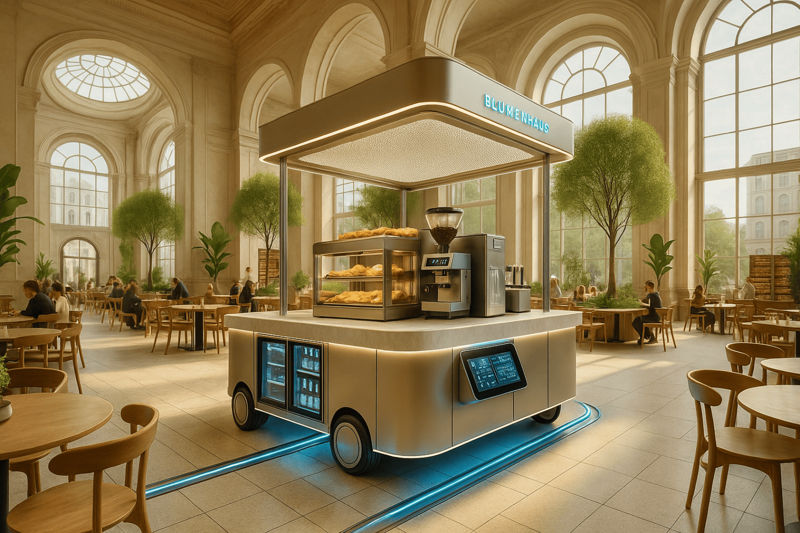 Ein moderner, mobiler Kaffee- und Gebäckwagen steht in einem geräumigen, eleganten Café mit großen Bogenfenstern, natürlichem Licht, viel Grün und Menschen an Holztischen. Der Wagen verfügt über eine digitale Anzeige und präsentiert Backwaren.