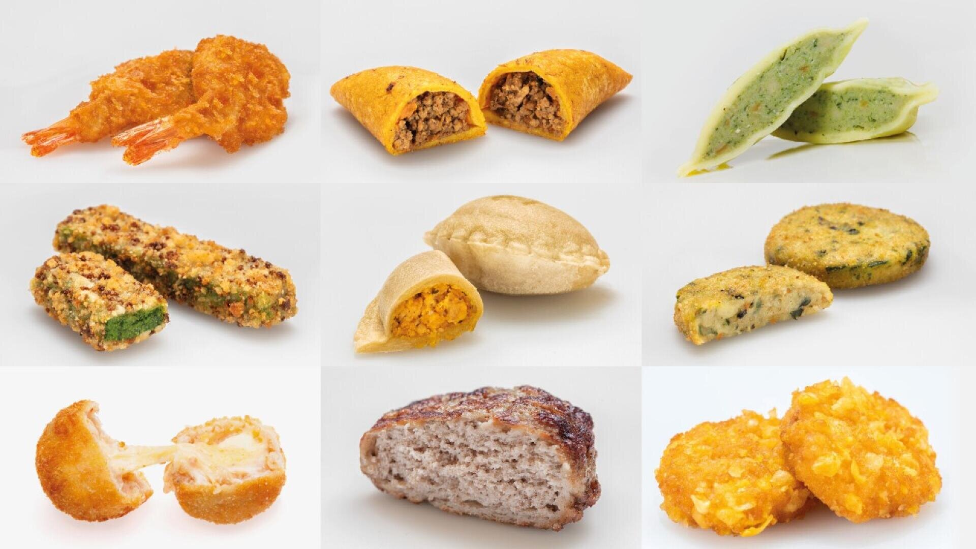 A grid of nine fried and baked food items, including shrimp, empanadas, dumplings, vegetable sticks, patties, a croquette, stuffed pastry, a slice of meatloaf, and a cheesy bite, all on a white background.