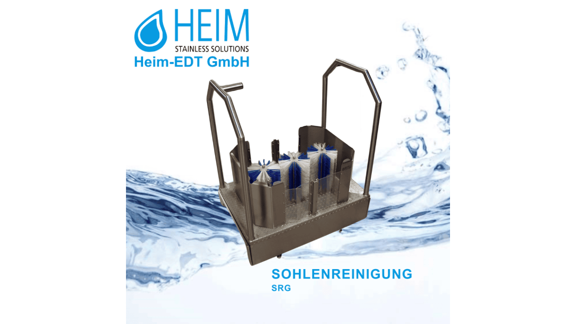 A stainless steel sole cleaning device with multiple blue and white brushes is shown above the words SOHLENREINIGUNG SRG. The Heim-EDT GmbH logo and water splash background are also visible.