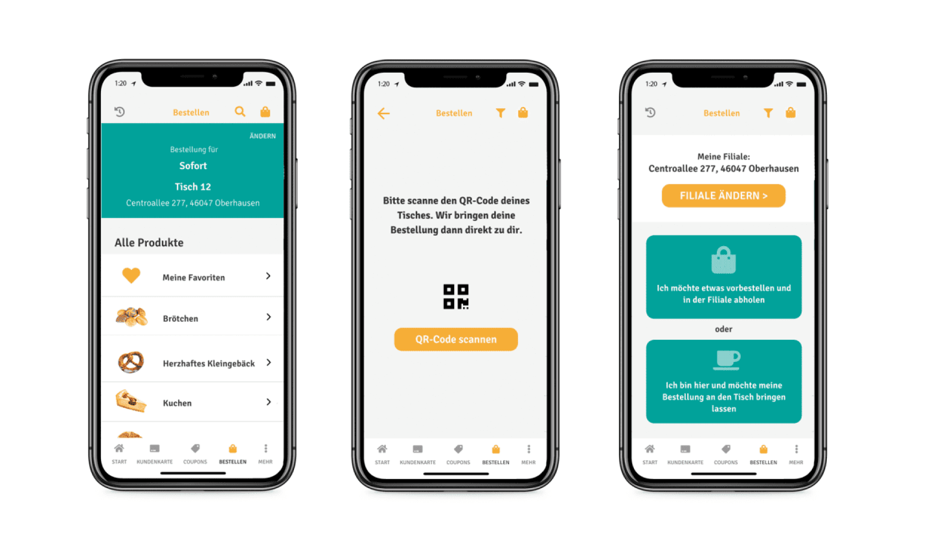 Three smartphone screens show a food ordering app with options to select a table, scan a QR code, browse products, and choose delivery or pickup at a specified branch location in Oberhausen, Germany.