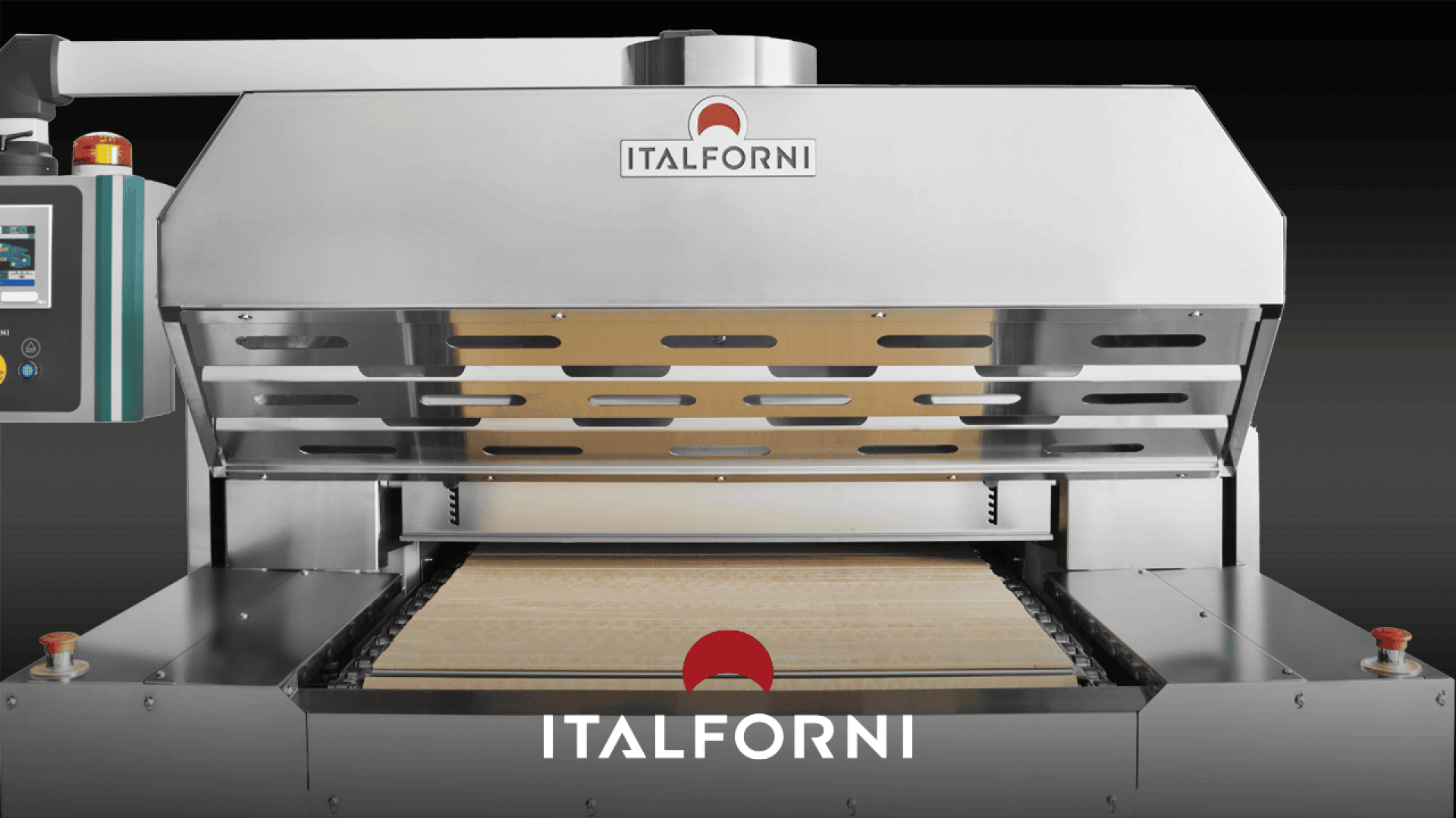 A large industrial stainless steel Italforni oven with an open front, revealing the conveyor and baking chamber, set against a dark background. The Italforni logo is visible on both the machine and in the foreground.