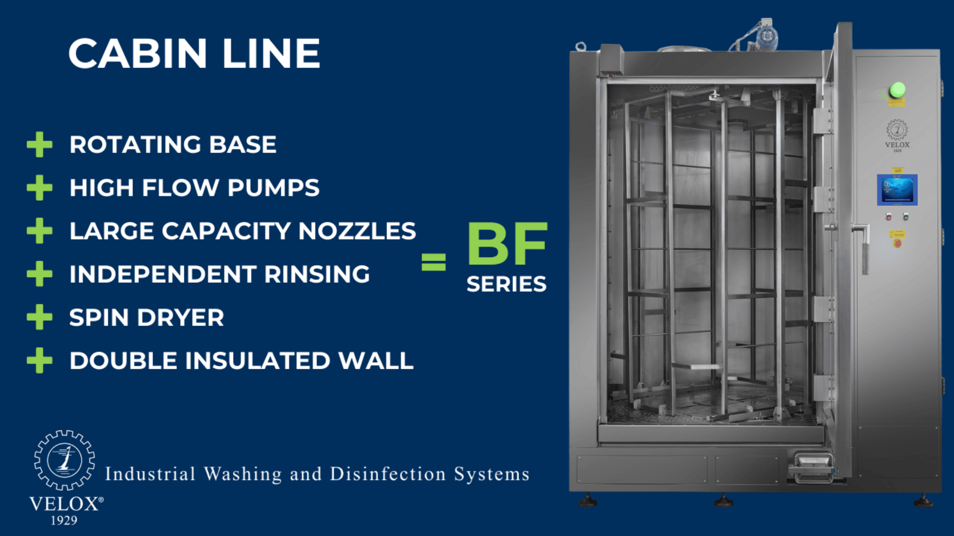 Image showing a large industrial washing machine labeled “CABIN LINE” with features listed: rotating base, high flow pumps, large capacity nozzles, independent rinsing, spin dryer, double insulated wall. Velox logo at bottom.