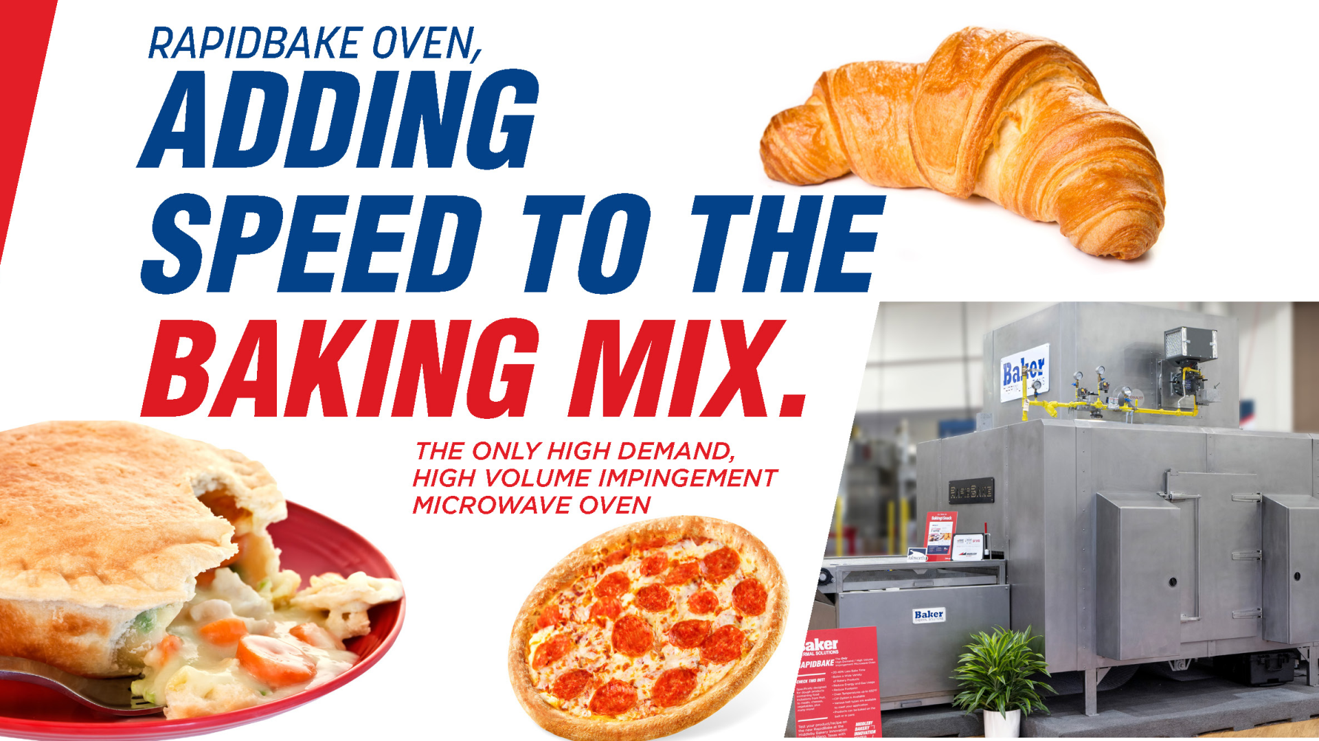 Advertising poster for a Rapidbake oven, featuring bold text about speed and baking. Includes images of a croissant, pot pie, pizza, and a large industrial oven, with a red and blue color scheme.