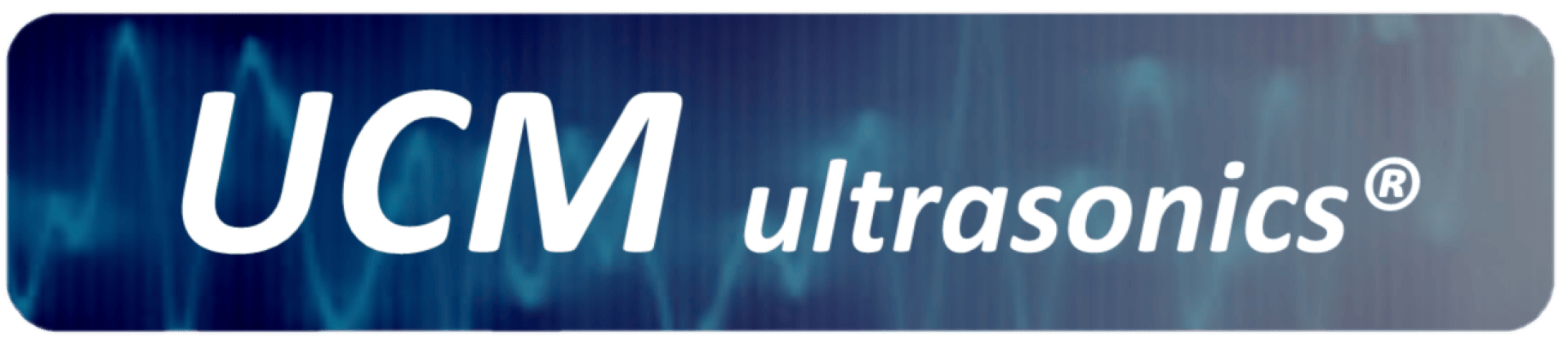 Logo with the text UCM ultrasonics® in white on a blue background featuring a stylized sound wave pattern.