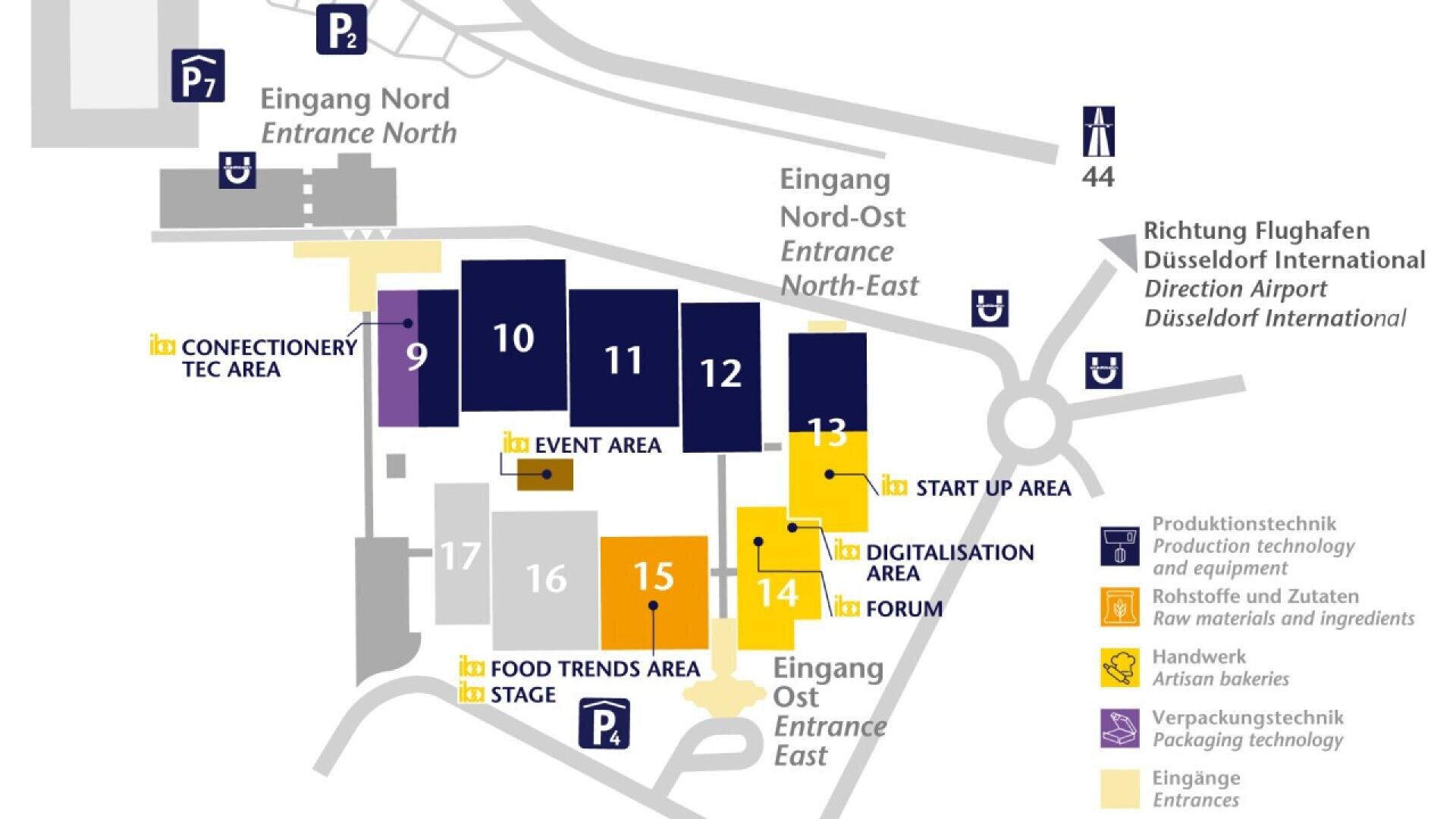 A color-coded map of an exhibition center showing halls, entrance points, parking areas, and event zones labeled with numbers and icons. Key areas include digitalization, start-up, food trends, and confectionery sections.