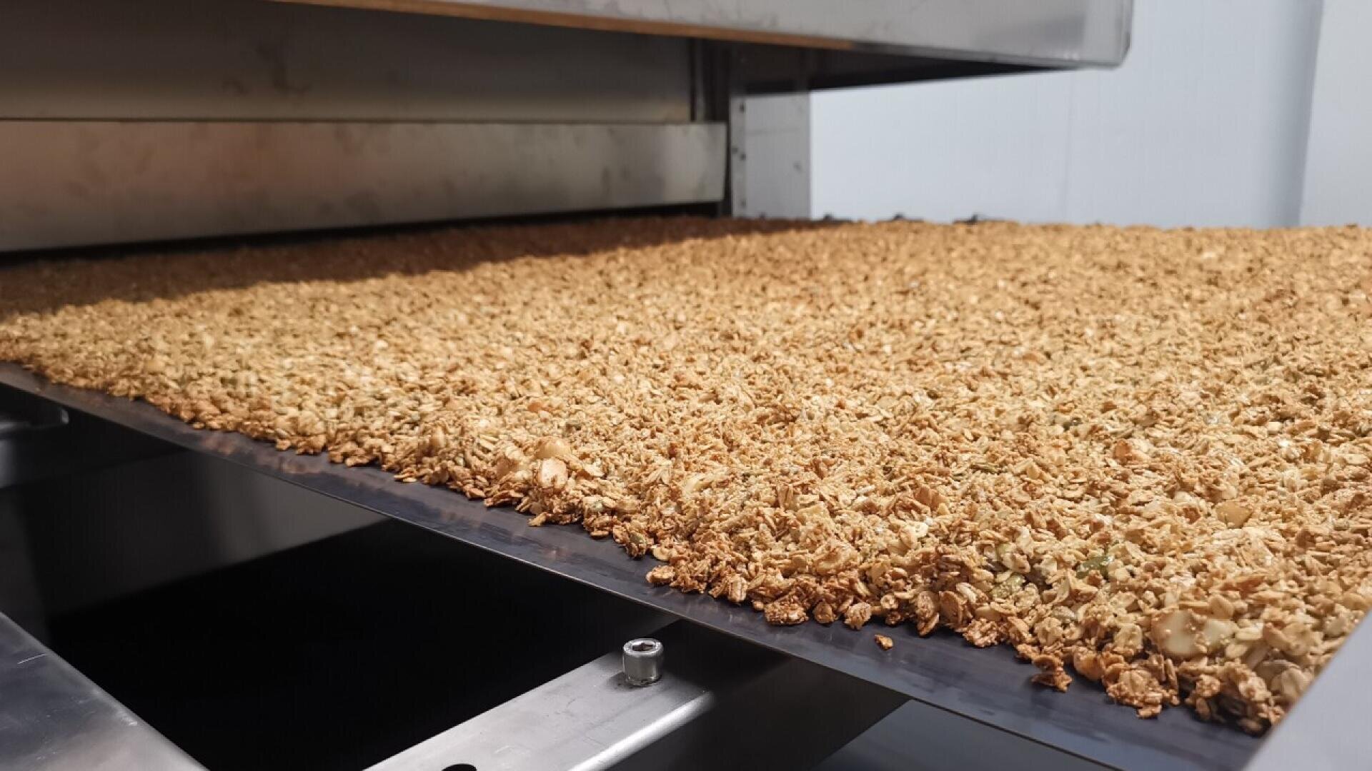 A close-up of a large industrial tray filled with granola or a similar baked mixture, likely moving through a commercial oven or dehydrator in a food processing facility.