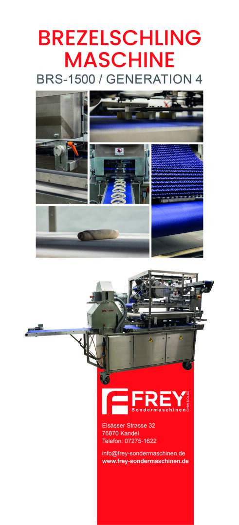 Werbeplakat für die Brezelschling-Maschine BRS-1500/Generation 4 von Frey, mit Fotos der Brezelmaschine, Nahaufnahmen von Förderbändern und Kontaktinformationen des Unternehmens am unteren Rand.