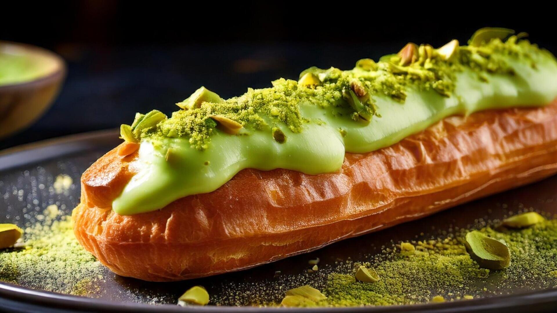 Eine Nahaufnahme eines Eclairs mit grüner Matcha-Glasur und bestreut mit zerstoßenen Pistazien, serviert auf einem dunklen Teller mit zusätzlichen Pistazienstücken und -pulver drumherum.
