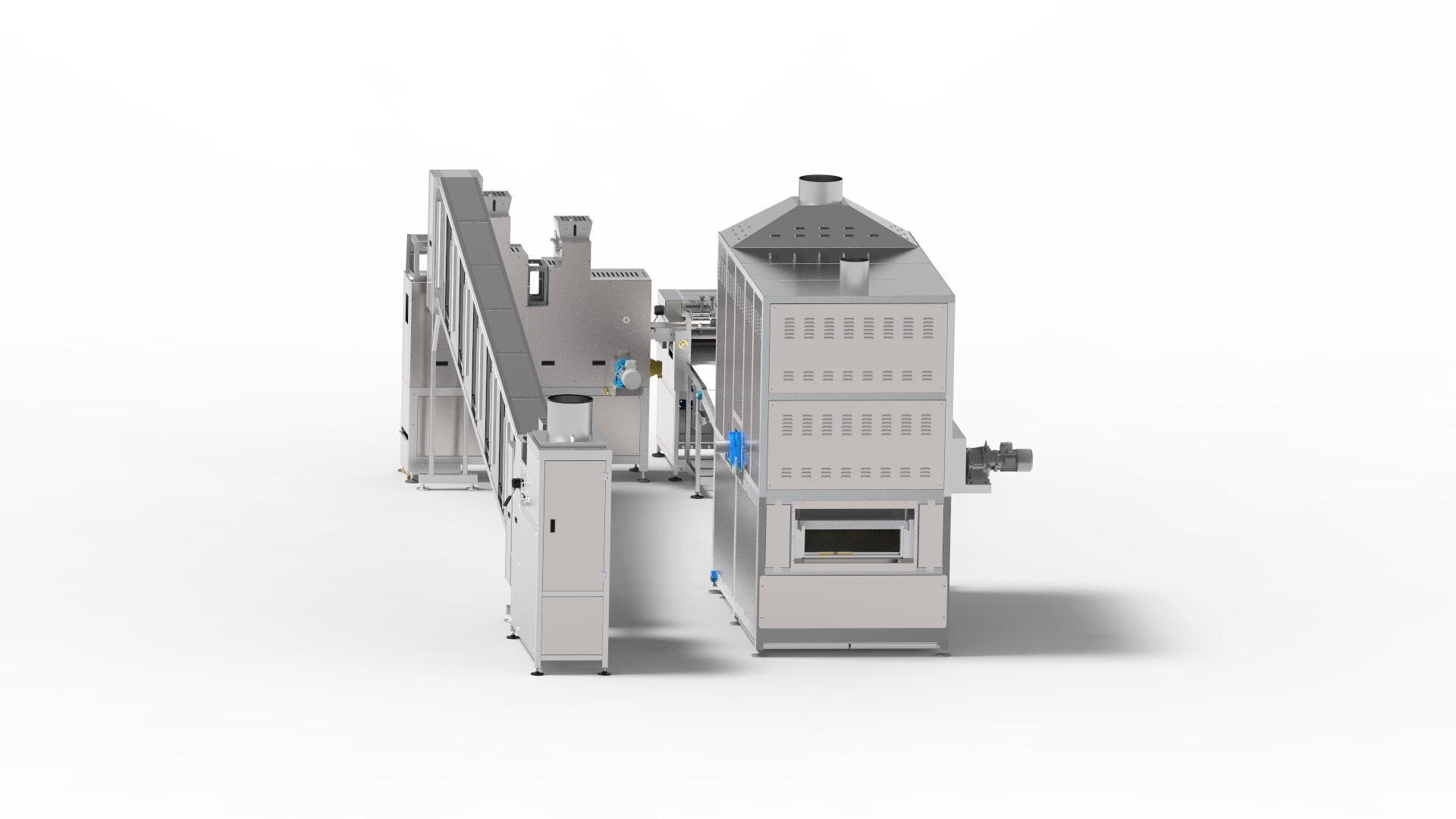 Front view of a large industrial machine with a metallic finish, ventilation hood, side panels, and multiple compartments, set against a plain white background.