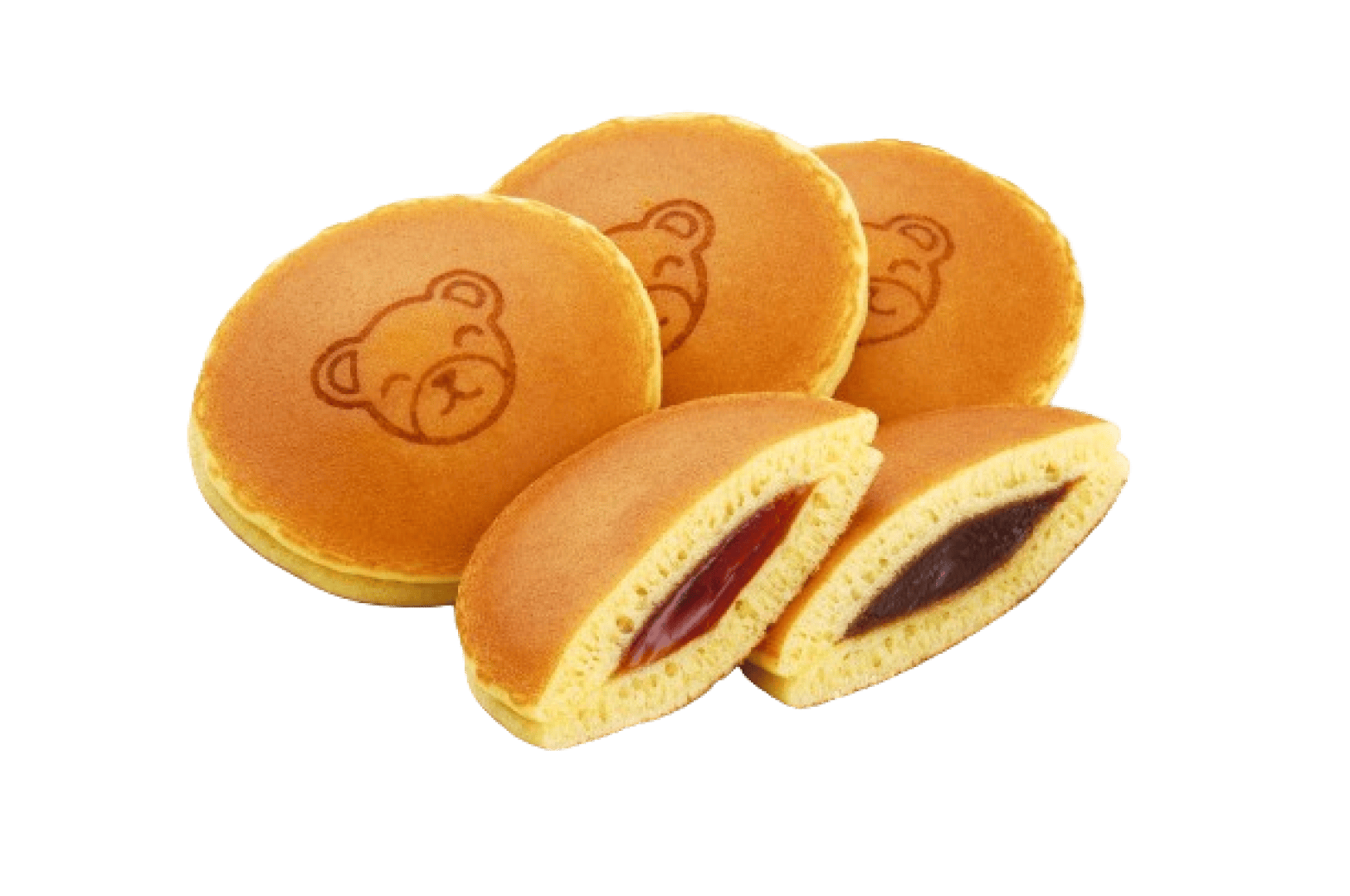 Four round pastries with a bear face design on top; two are cut open to reveal red and dark brown sweet fillings inside.