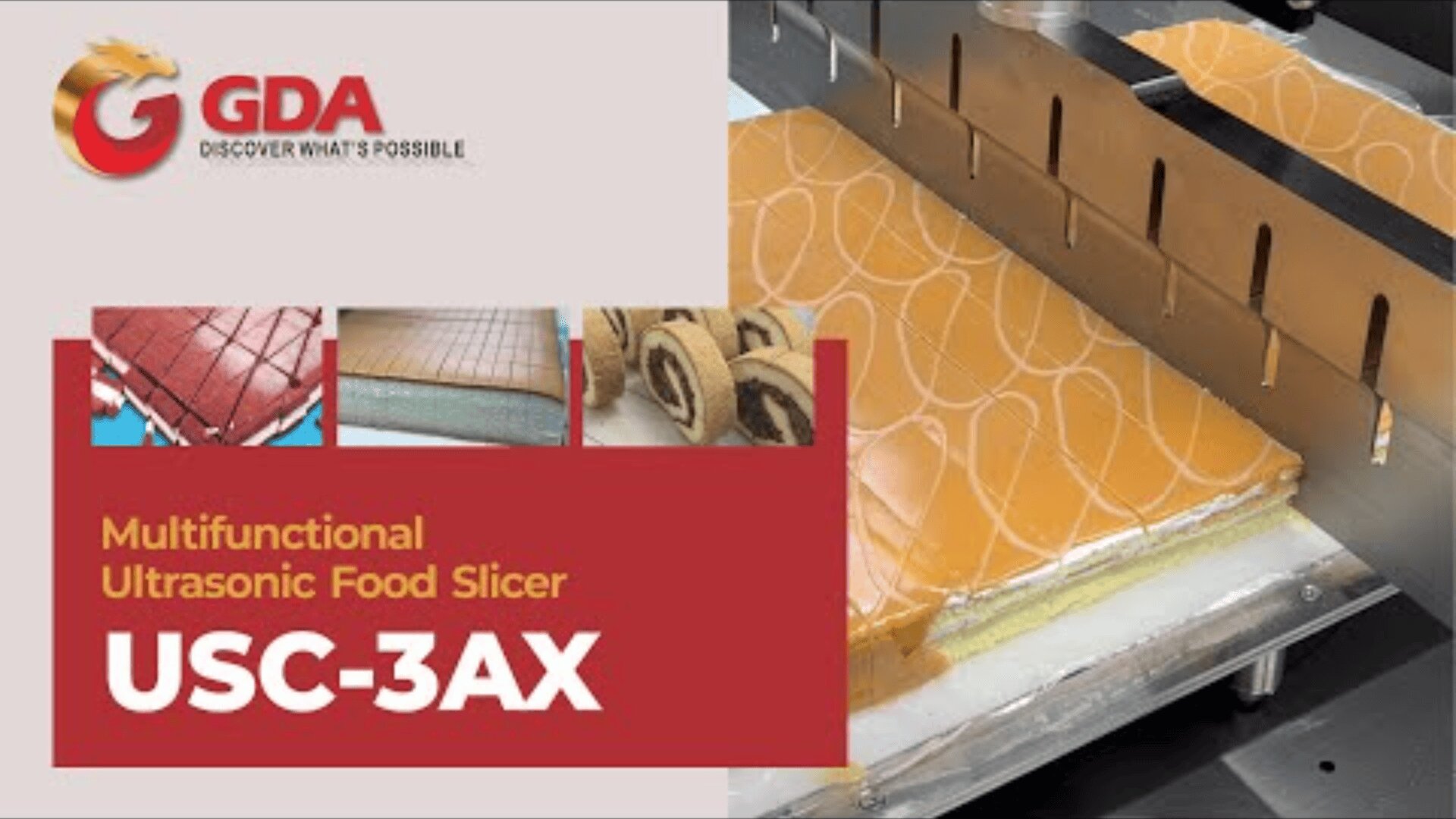 Werbebild für den GDA USC-3AX Multifunktions-Ultraschall-Lebensmittelschneider, das die Maschine beim Schneiden eines Schichtkuchens zeigt, mit kleineren Bildern von geschnittenen Kuchen und Desserts.