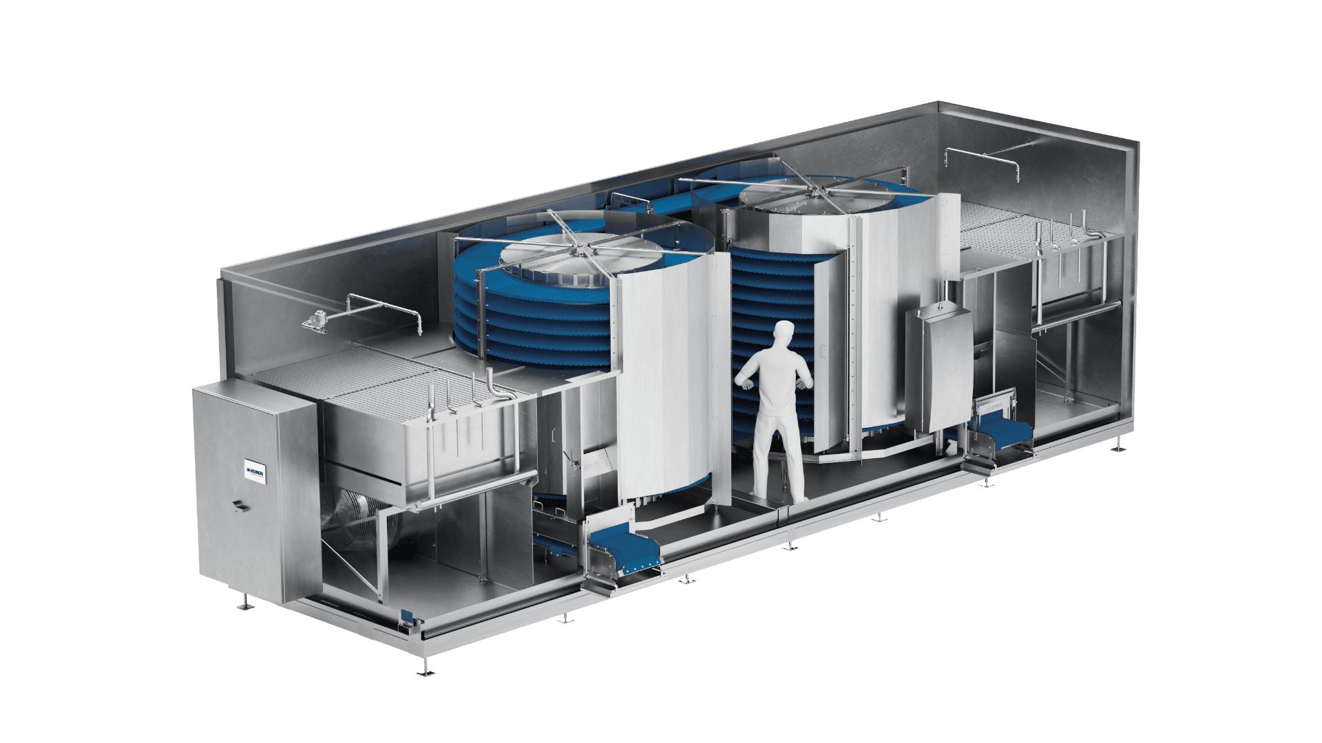 Digitales Rendering eines industriellen Spiralgefrierschranks, der aufgeschnitten wurde, um die inneren Komponenten zu zeigen, darunter zwei große Spiralfördersysteme, eine maßstabsgetreue menschliche Figur, Ventilatoren und Maschinen innerhalb eines Metallrahmens.