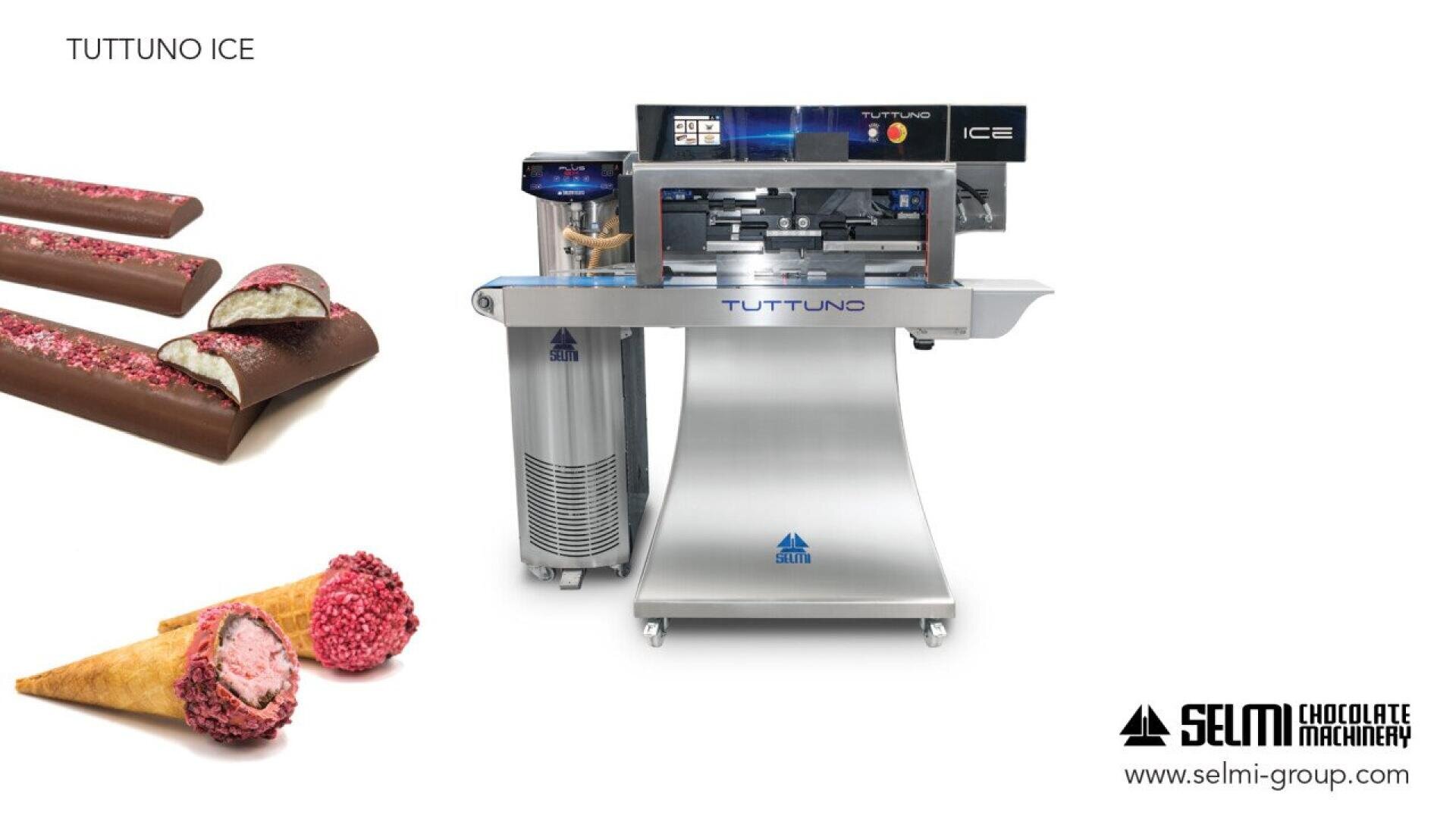 Industrial chocolate enrobing machine labeled TUTTUNO ICE with chocolate-covered bars, strawberry-filled cones, and Selmi Chocolate Machinery logo.
