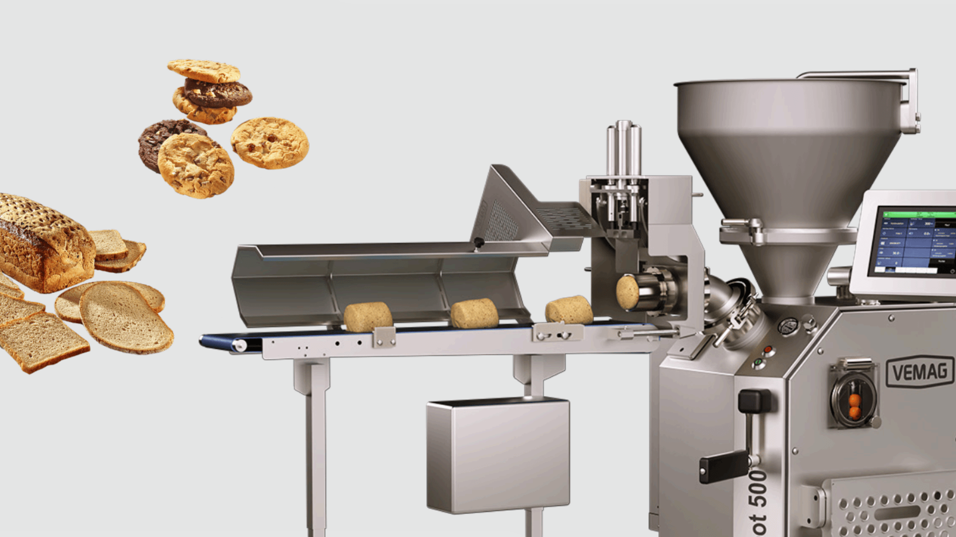 Eine Maschine zur Verarbeitung von Brot und Keksen formt den Teig auf einem Förderband, wobei die fertigen Brot- und Keksscheiben links als Beispiele für die Endprodukte zu sehen sind.