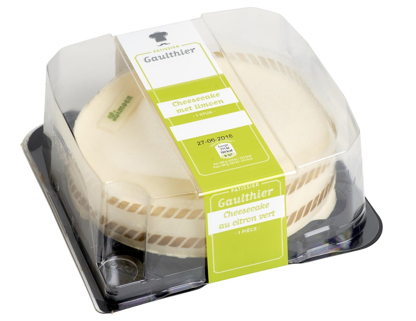 A round cheesecake in a clear plastic container with a green and white label reading Cheesecake au citron vert (lime cheesecake) by Pâtisserie Gauthier. The cheesecake has a smooth, light-colored top.