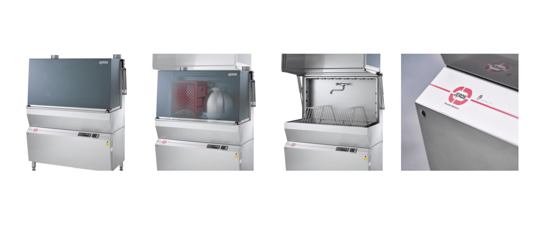 Vier Bilder zeigen einen großen Industriegeschirrspüler aus verschiedenen Blickwinkeln: vollständig geschlossen, geöffnet mit den darin befindlichen Gegenständen, geöffnet mit Regalen und eine Nahaufnahme des Bedienfelds mit dem Herstellerlogo.