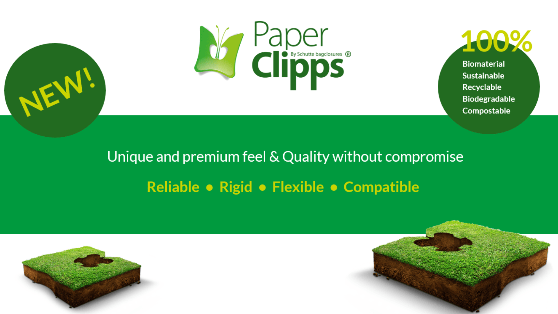 Promotional image for Paper Clipps, highlighting eco-friendly features like 100% biomaterial, sustainability, recyclability, biodegradability, and compostability. The design includes grass-covered paper clips and bold feature keywords.