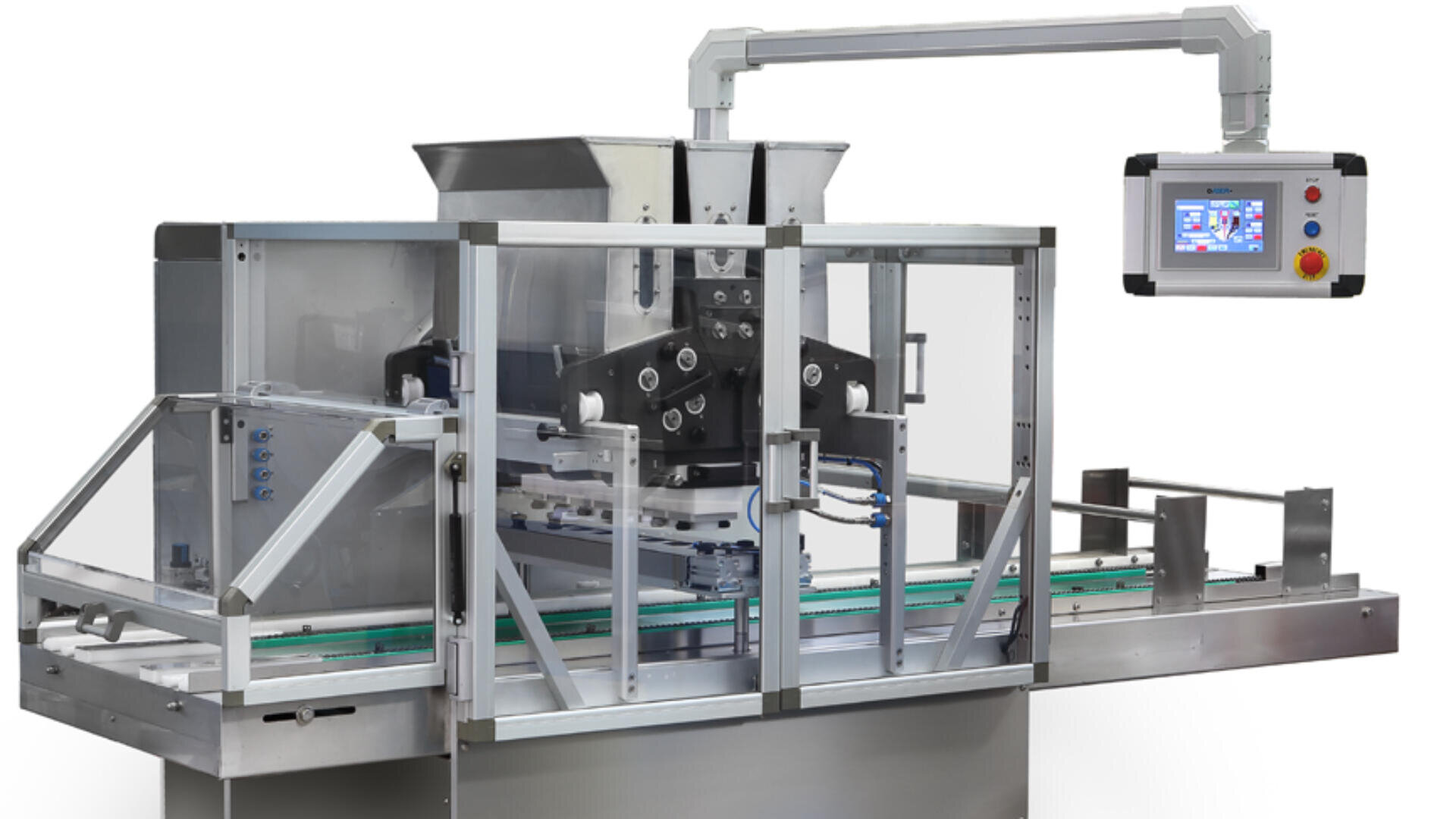 A stainless steel industrial packaging machine with a conveyor belt, transparent safety shields, and a control panel featuring a touchscreen and buttons mounted on an overhead arm.