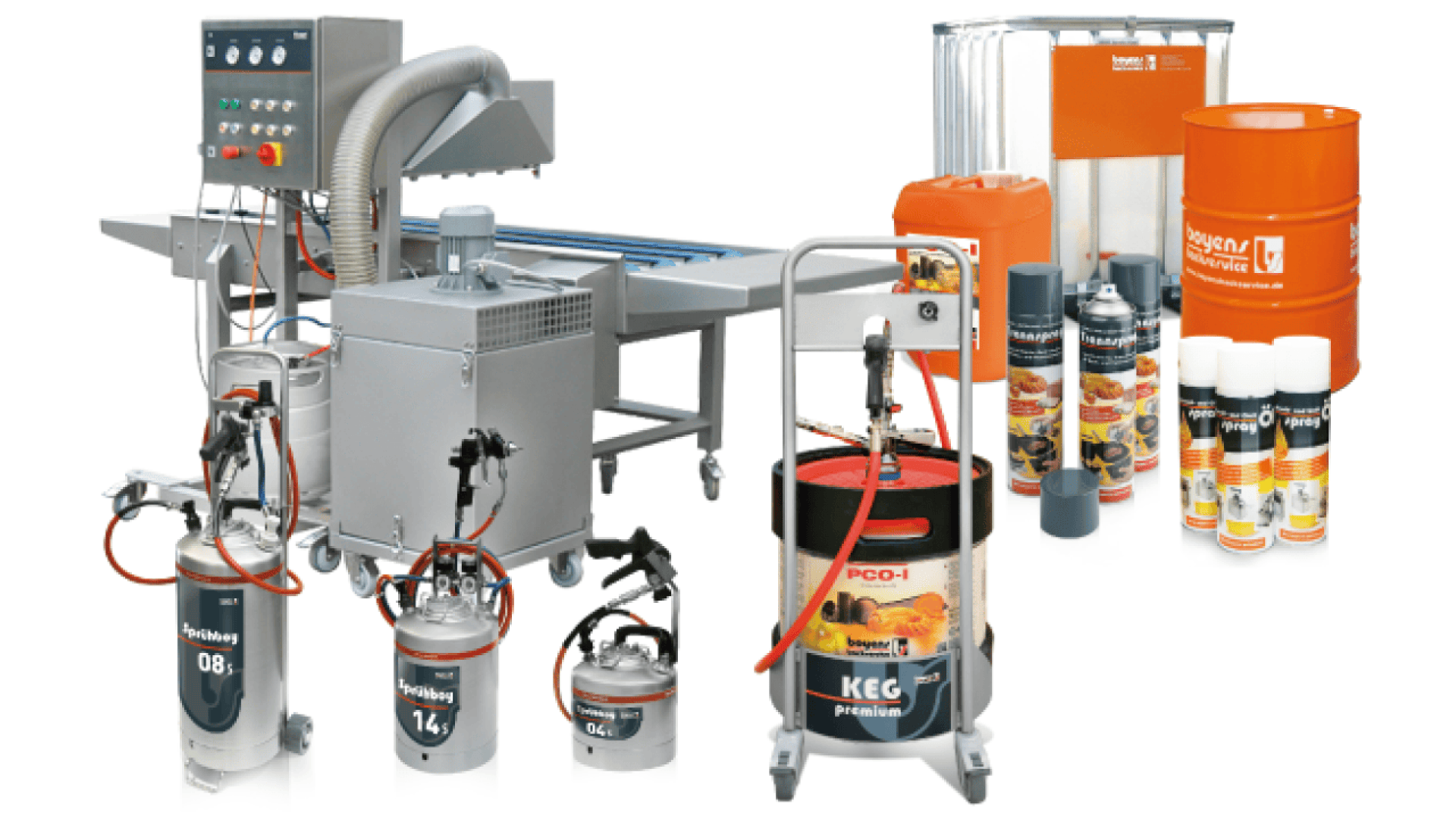 A variety of industrial equipment and supplies, including drums, control panels, spray machines, containers, hoses, and cans of chemicals, arranged together on a white background.