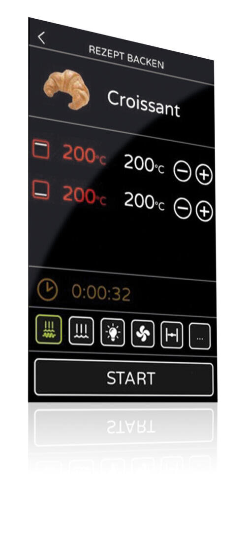 Ein digitales Backofen-Display zeigt ein Backprogramm für Croissants mit zwei Temperatureinstellungen bei 200°C, einen Timer bei 32 Sekunden und verschiedene Bedientasten unter einer großen "START"-Taste.
