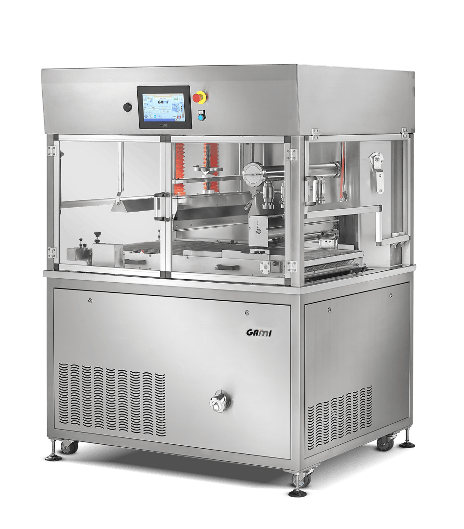 A stainless steel industrial machine with a digital display, buttons, transparent panels, and internal mechanical components, designed for automated manufacturing or processing. The brand name GAMI is visible on the front panel.