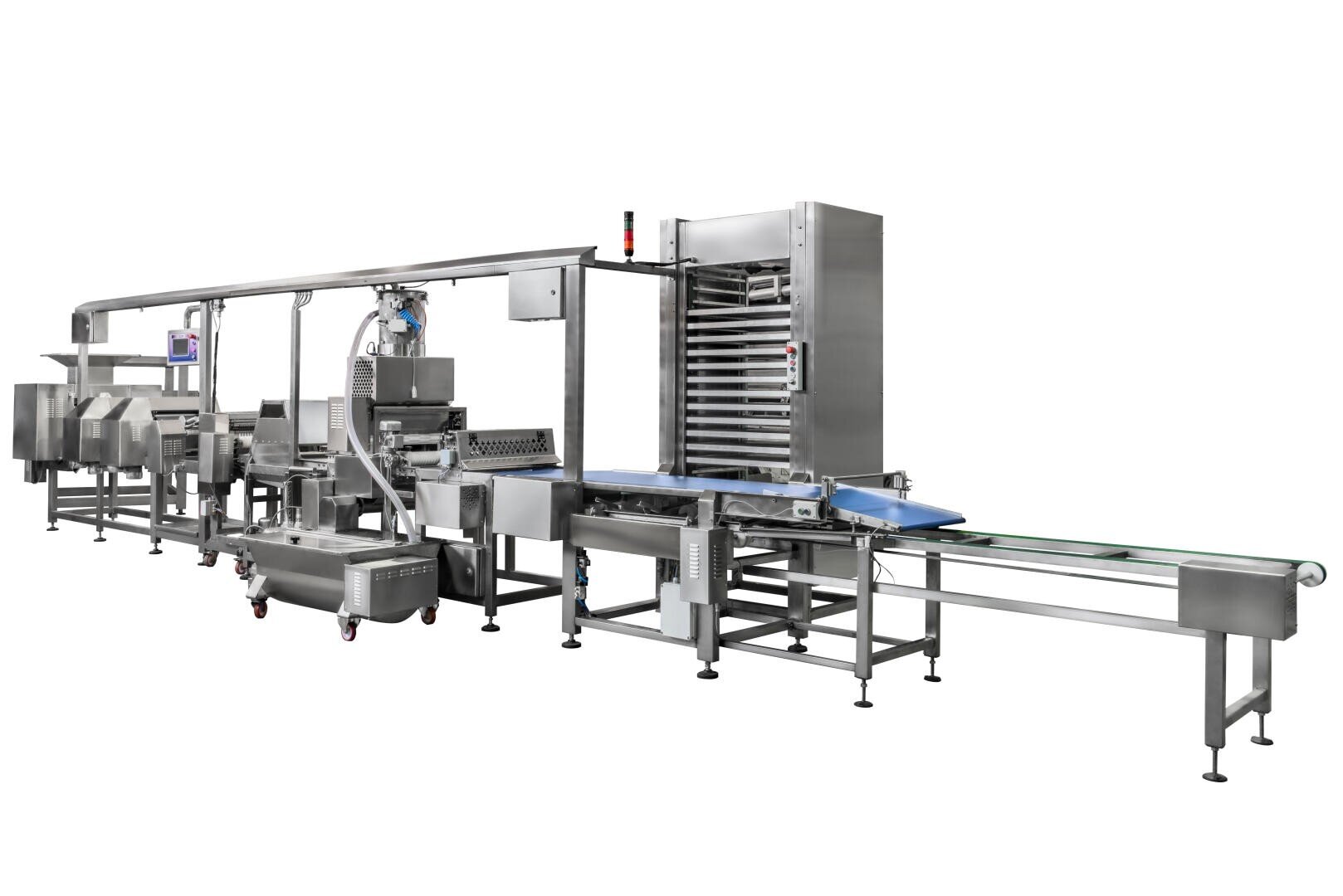 Ein industrielles Lebensmittelverarbeitungs- und Verpackungsmaschinensystem aus Edelstahl mit Förderbändern, Öfen und automatisierter Ausrüstung, konzipiert für die Großproduktion. Die Maschinen sind sauber und modern gestaltet und stehen vor einem weißen Hintergrund.