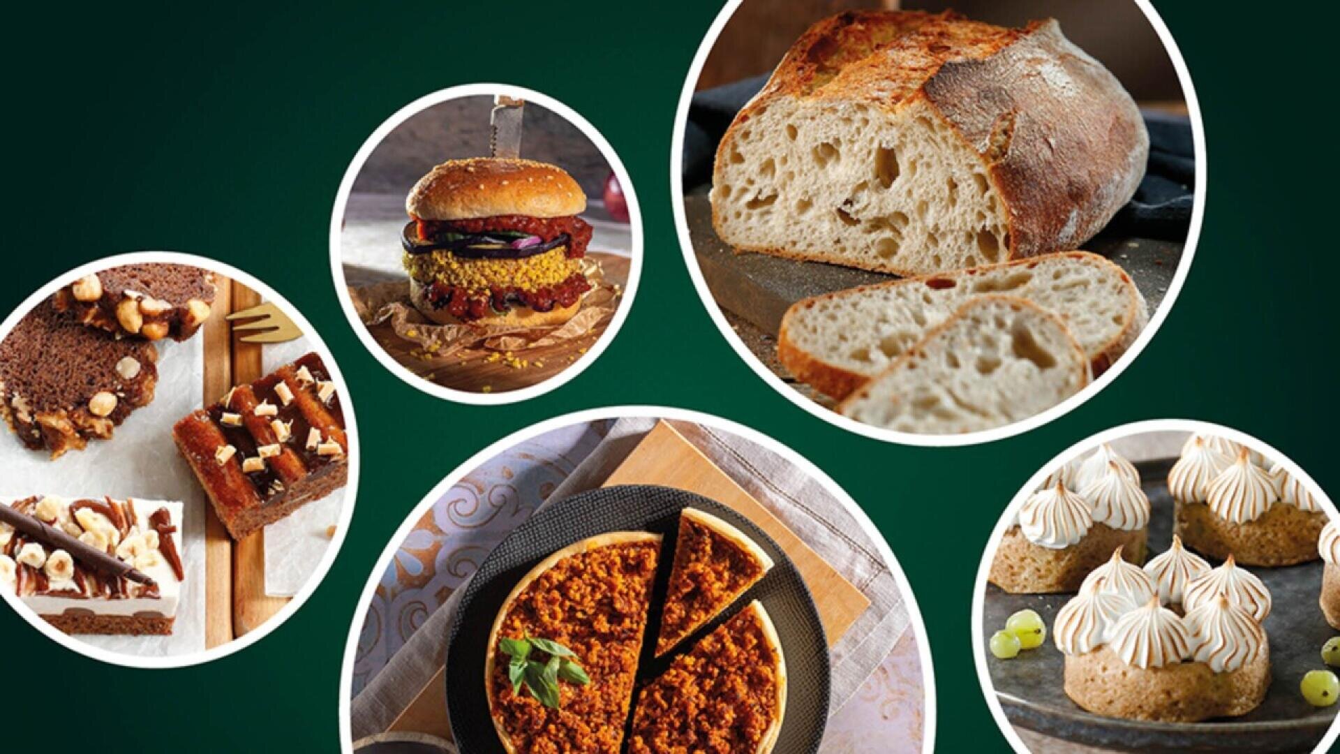 A collage of food items including a burger, a loaf of rustic bread, chocolate brownies, a savory pie with tomato sauce, and small desserts topped with cream on a green background.
