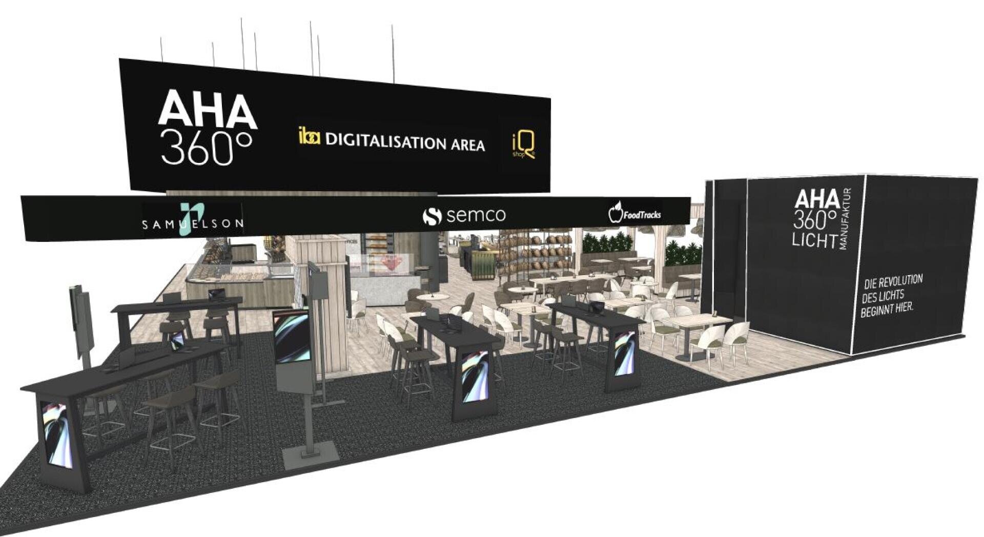 Ein moderner Messestand verfügt über eine schwarze Beschilderung mit AHA 360° und DIGITALISATION AREA, mehrere Sitzbereiche mit Tischen und Stühlen, Holzregale und Bildschirme, die eine elegante, zeitgenössische Atmosphäre schaffen.