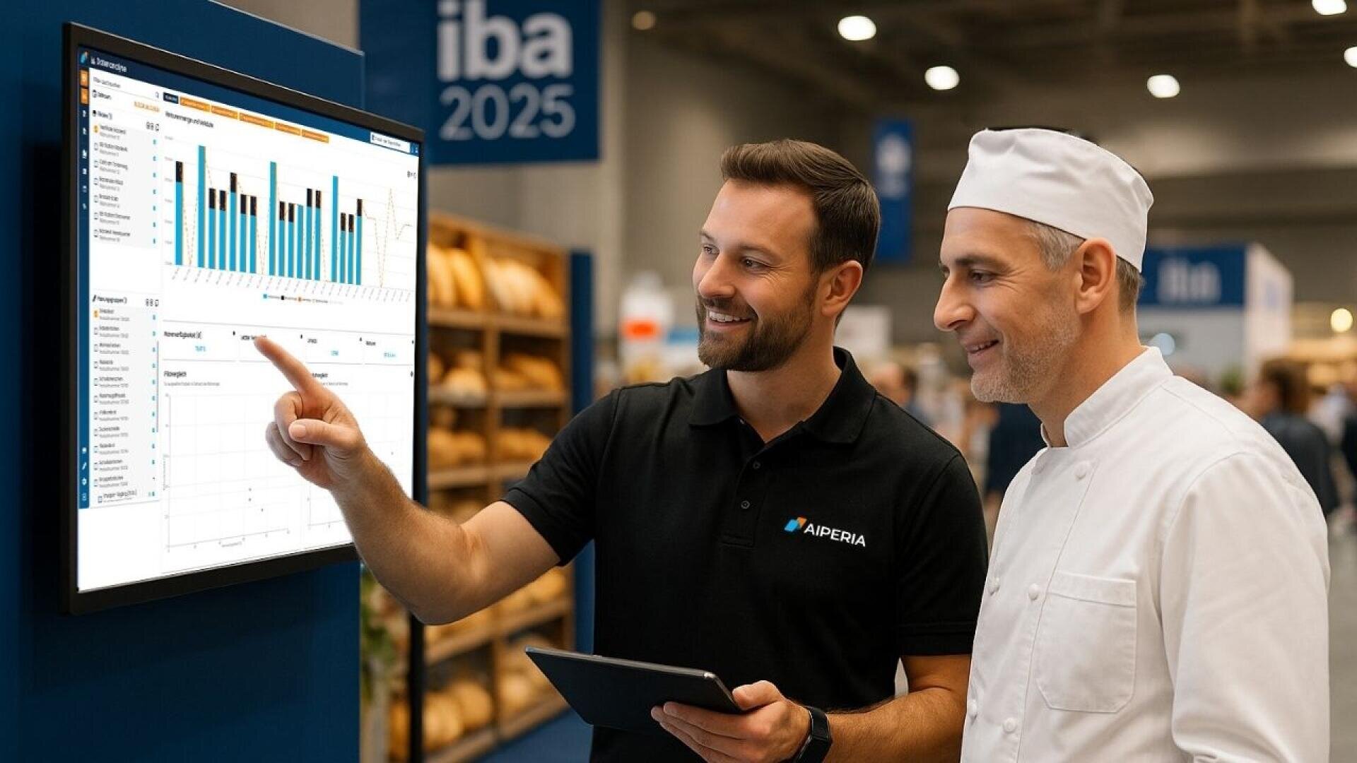 Zwei Männer, einer im schwarzen Poloshirt, der andere in Bäckeruniform, betrachten auf einer Bäckereimesse ein großes Datendiagramm auf einem Bildschirm. Der Mann in Schwarz zeigt auf den Bildschirm, während er ein Tablet in der Hand hält.