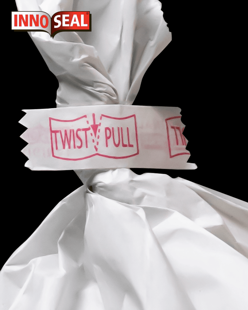 A close-up of a white plastic bag sealed with an Inno Seal band labeled TWIST PULL in red, against a black background. The Inno Seal logo is visible in the top left corner.