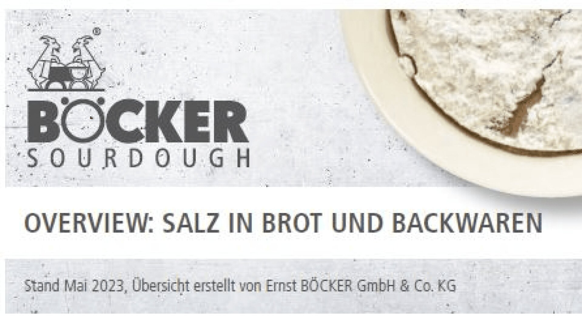 Logo mit zwei stilisierten Bäckern, Text BÖCKER SOURDOUGH und einem Teller mit Mehl. Darunter Schlagzeile in Deutsch: Übersicht: Salz in Brot und Backwaren mit Firmenbezeichnung und Datum.