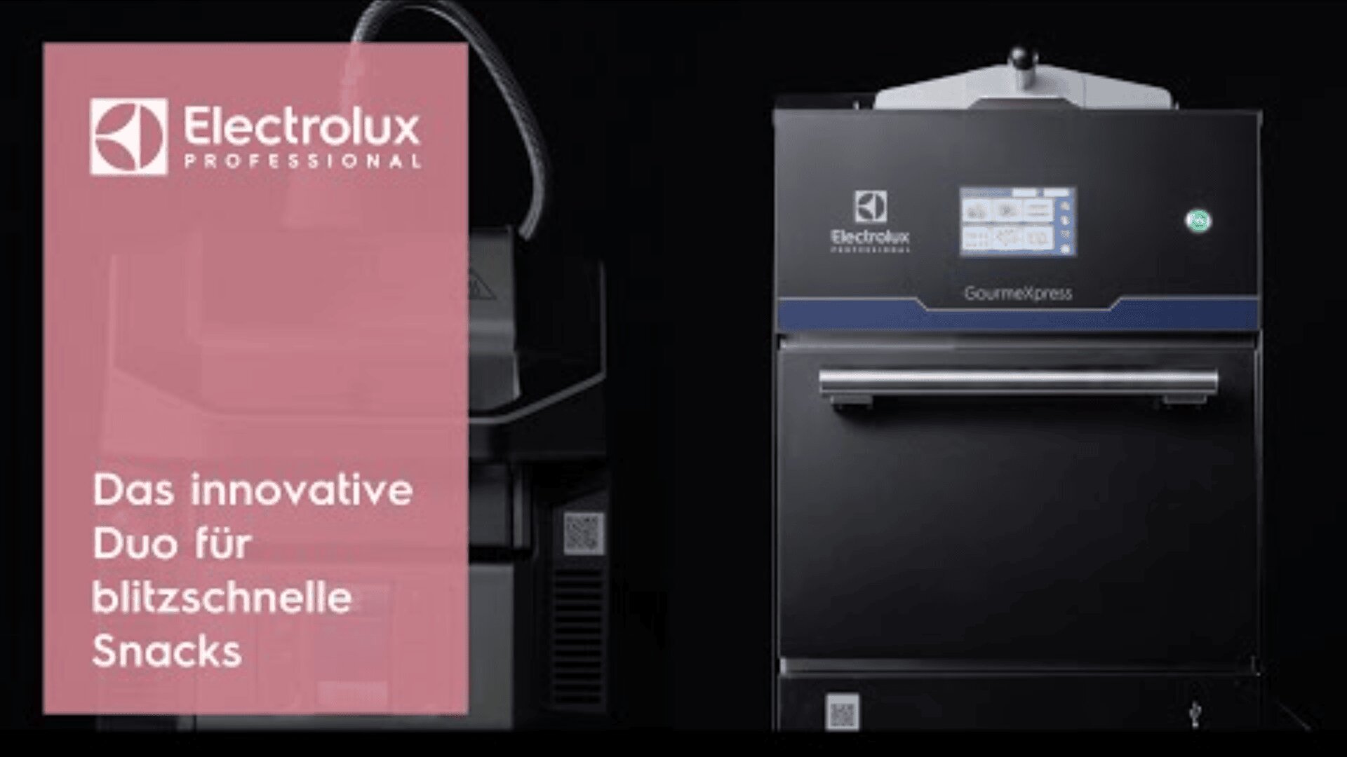 Abgebildet ist eine moderne Electrolux Professional Küchenmaschine mit Touchscreen-Display. Auf der linken Seite befindet sich ein rosa Overlay mit dem Electrolux-Logo und deutschem Text: Das innovative Duo für blitzschnelle Snacks.