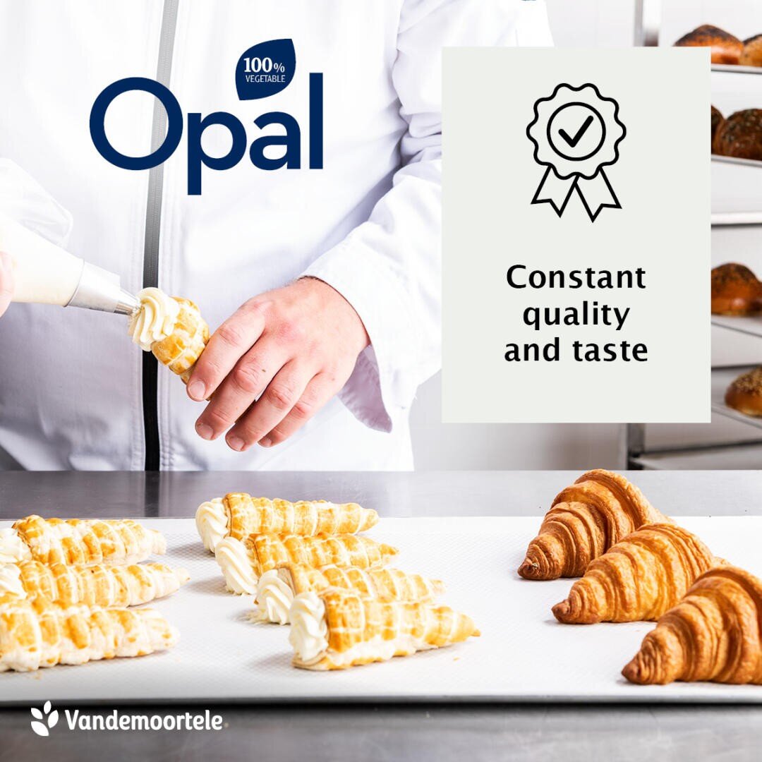 A baker fills pastry horns with cream next to croissants on a tray. Text reads Opal, Constant quality and taste, with a ribbon icon, and Vandemoortele at the bottom.