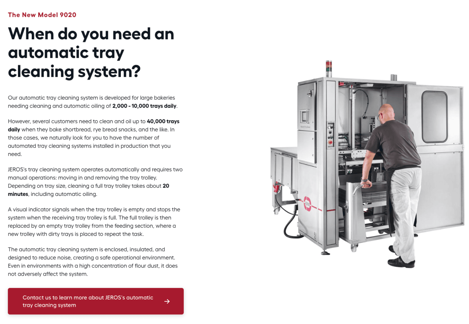 A man operates a large, silver automatic tray cleaning machine in a bakery setting. Several trays are stacked inside the machine, and a touch screen panel is mounted on the front. Text describing the system appears on the left.