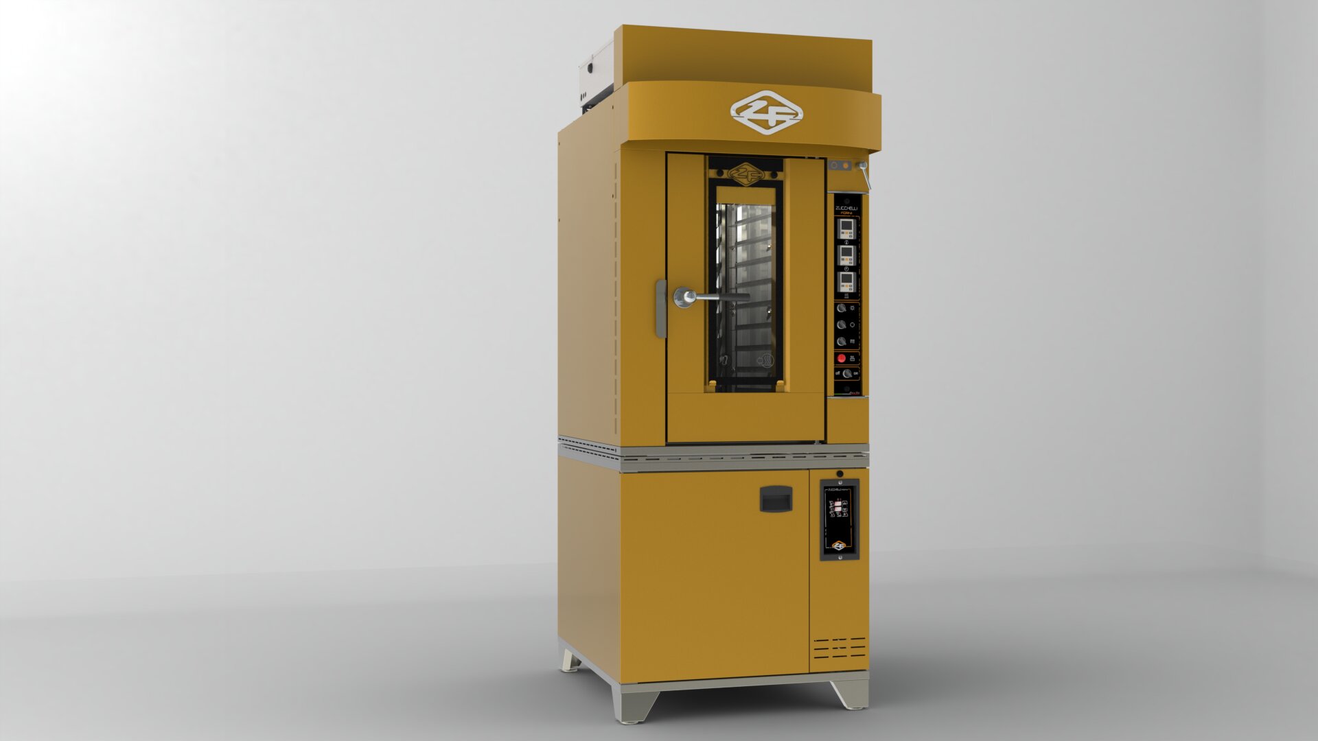 A yellow industrial rotary oven with a glass door, digital control panel on the right side, and metal legs, standing in a plain, light-colored room.