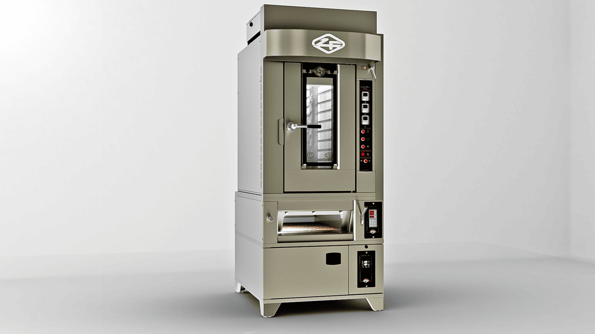 A modern, metallic commercial oven with a glass door, digital controls, and multiple shelves, standing in a plain, light-colored room. The oven has a logo on top and an open compartment at the bottom.
