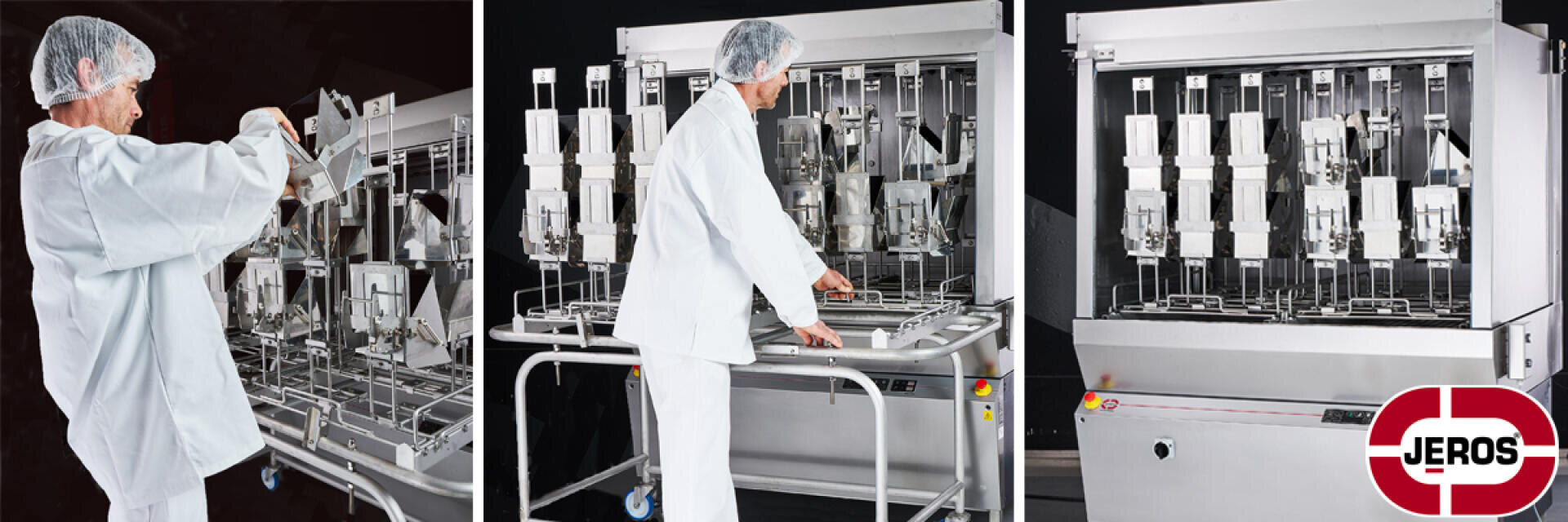 A person in white protective clothing operates a stainless steel industrial washing machine with multiple compartments. The JEROS logo is displayed in the bottom right corner.