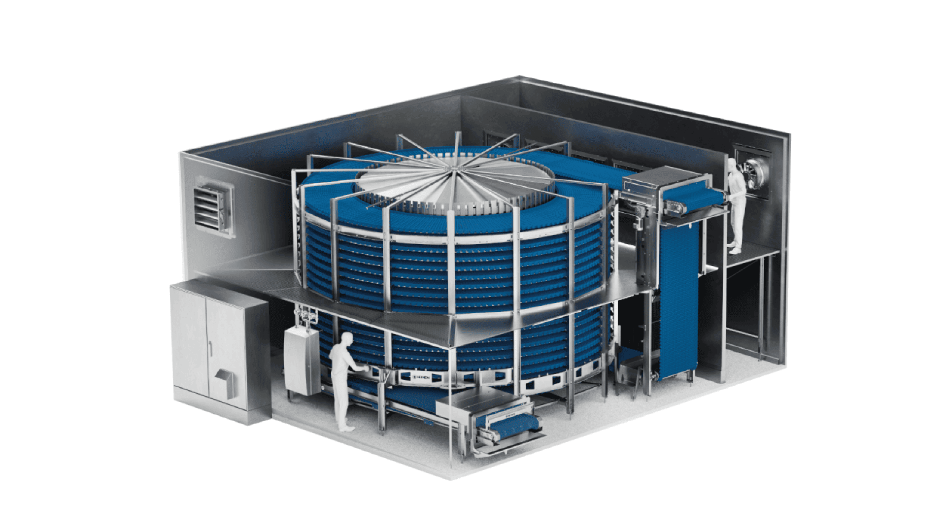 A 3D rendering of an industrial spiral freezer system in a room, with a worker operating controls beside curved blue conveyor belts winding upward around a central column. The room features ventilation and machinery.